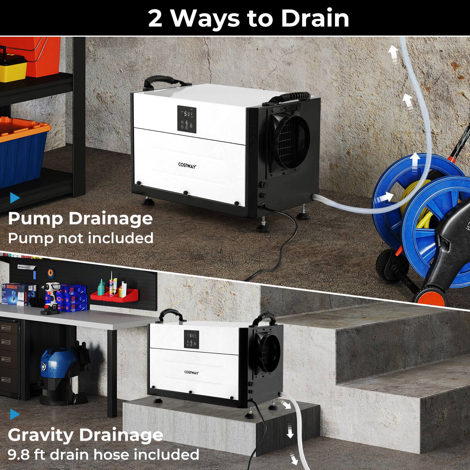 2 Ways to Drain:

1. Pump Drainage: Pump not included
2. Gravity Drainage: 9.8 ft drain hose included