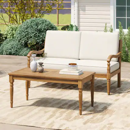 Front. Siljoy - 2 Piece Sofa Seating Group with Cushions, Outdoor Acacia Wood Patio Seating Group,Natural+Beige - Beige+Natural.