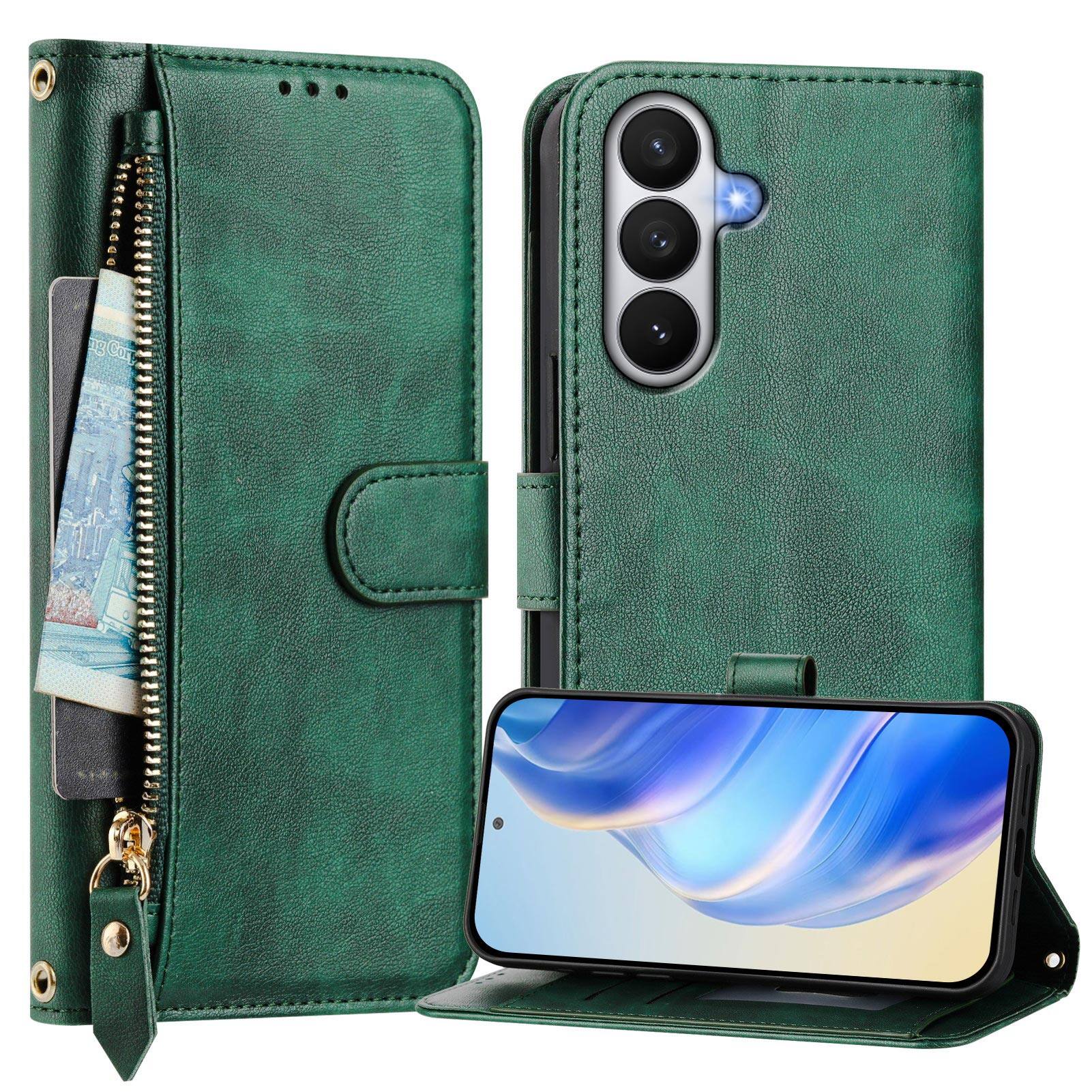 Angle. UUCOVER - Zipper Wallet Case for Samsung Galaxy S26+ Magnetic PU Leather Card Slots Stand Cover with Shoulder / Wrist Strap - Darkgreen.