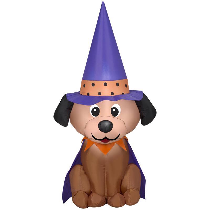 Angle. Gemmy - Gemmy 4 ft. Prelit Halloween Inflatable Dog in Witch Hat Inflatable - Multicolored.