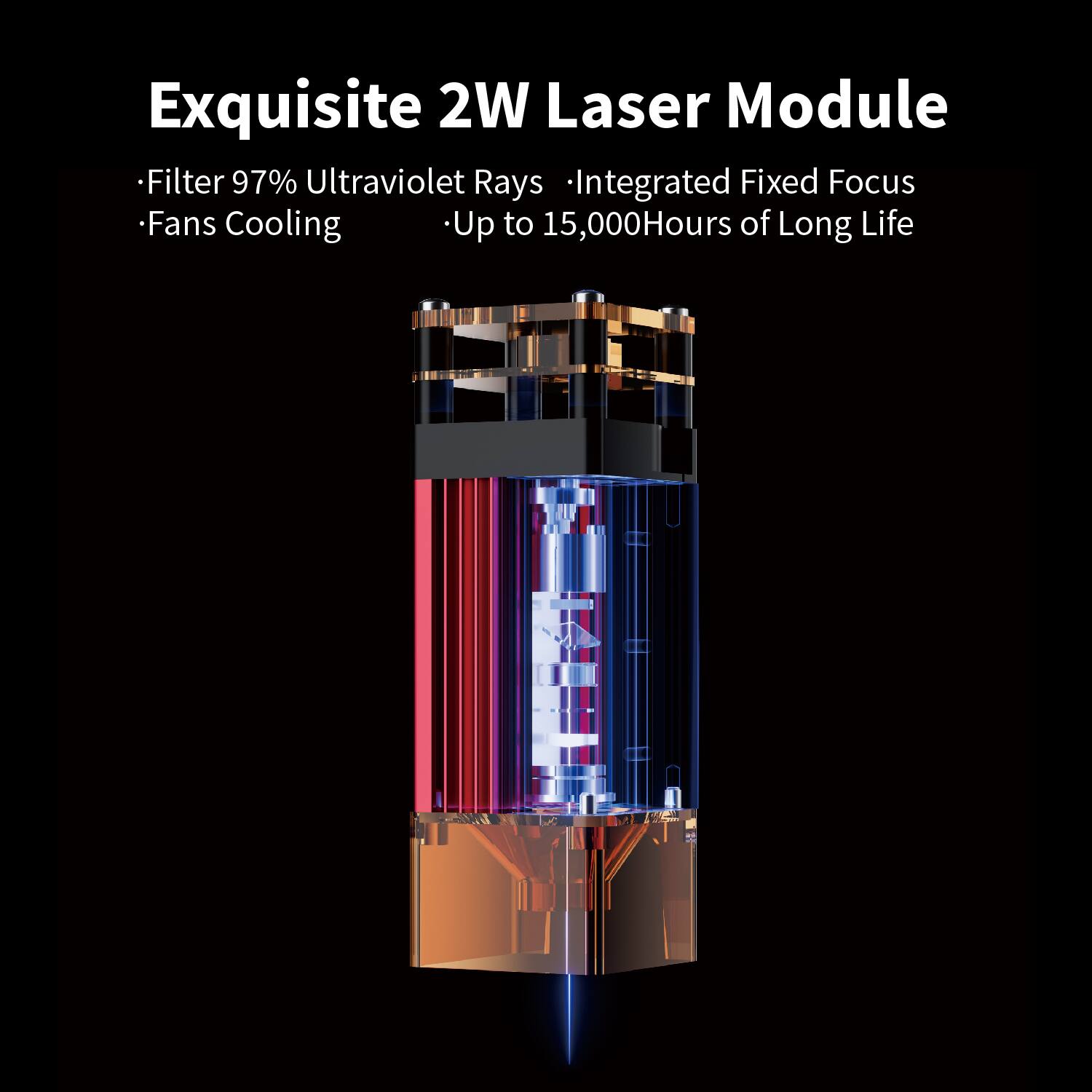 Exquisite 2W Laser Module

- Filter 97% Ultraviolet Rays
- Fans Cooling
- Integrated Fixed Focus
- Up to 15,000Hours of Long Life
