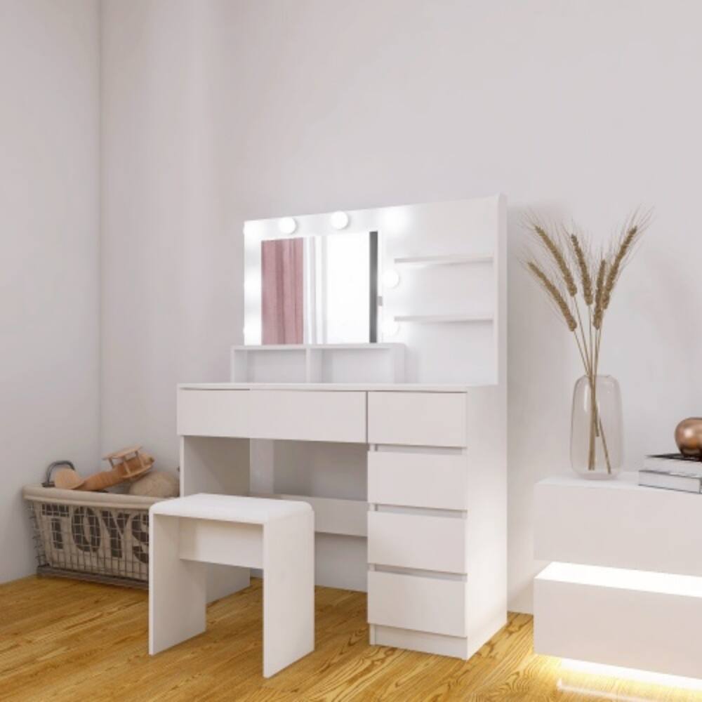 Left. LUCKY ONE - 31.5in Vanity Desk with LED Mirror, Charging Station, 10 Bulbs, Drawers, Shelves and Stool - White.