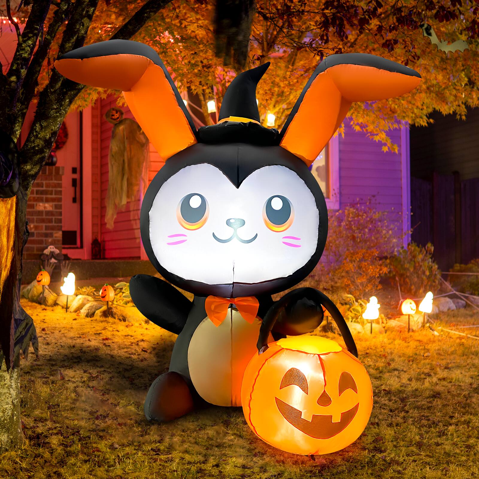 Angle. GOOSH Inflatables - GOOSH 5FT Inflatable Halloween Bunny with Pumpkin – Light-Up Yard Decoration - Black.