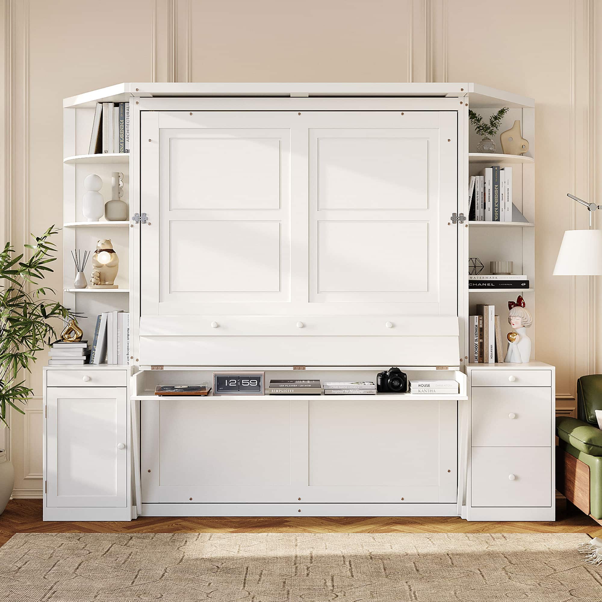 Anysun - Queen Murphy Bed with Desk, Storage Shelves and Cabinets, Hidden Wall Bed for Space-Saving Home Office - White
