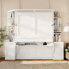 Anysun - Queen Murphy Bed with Desk, Storage Shelves and Cabinets, Hidden Wall Bed for Space-Saving Home Office - White