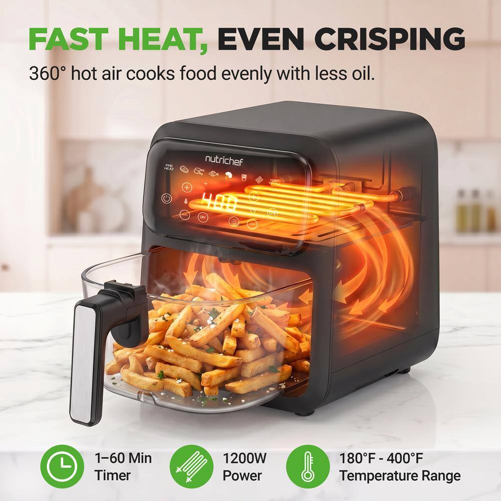 FAST HEAT, EVEN CRISPIING  
360° hot air cooks food evenly with less oil.  

nutrichef  

1-60 Min Timer  
1200W Power  
180°F - 400°F Temperature Range