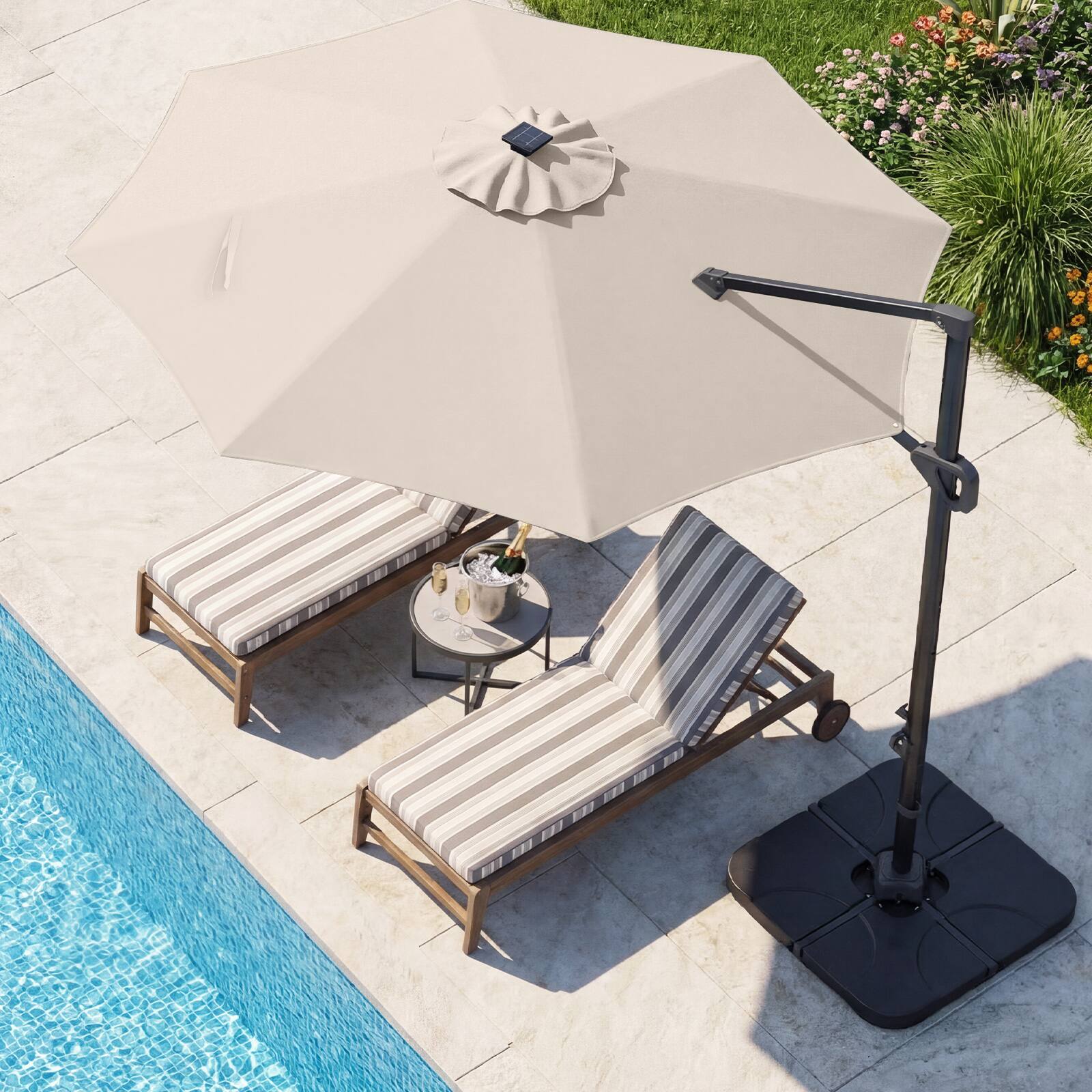 Alt View 4. Costway - Costway 10 FT Cantilever Patio Umbrella with 35 Solar LED Lights 220 LBS Base 360° Rotation - Beige + Black.
