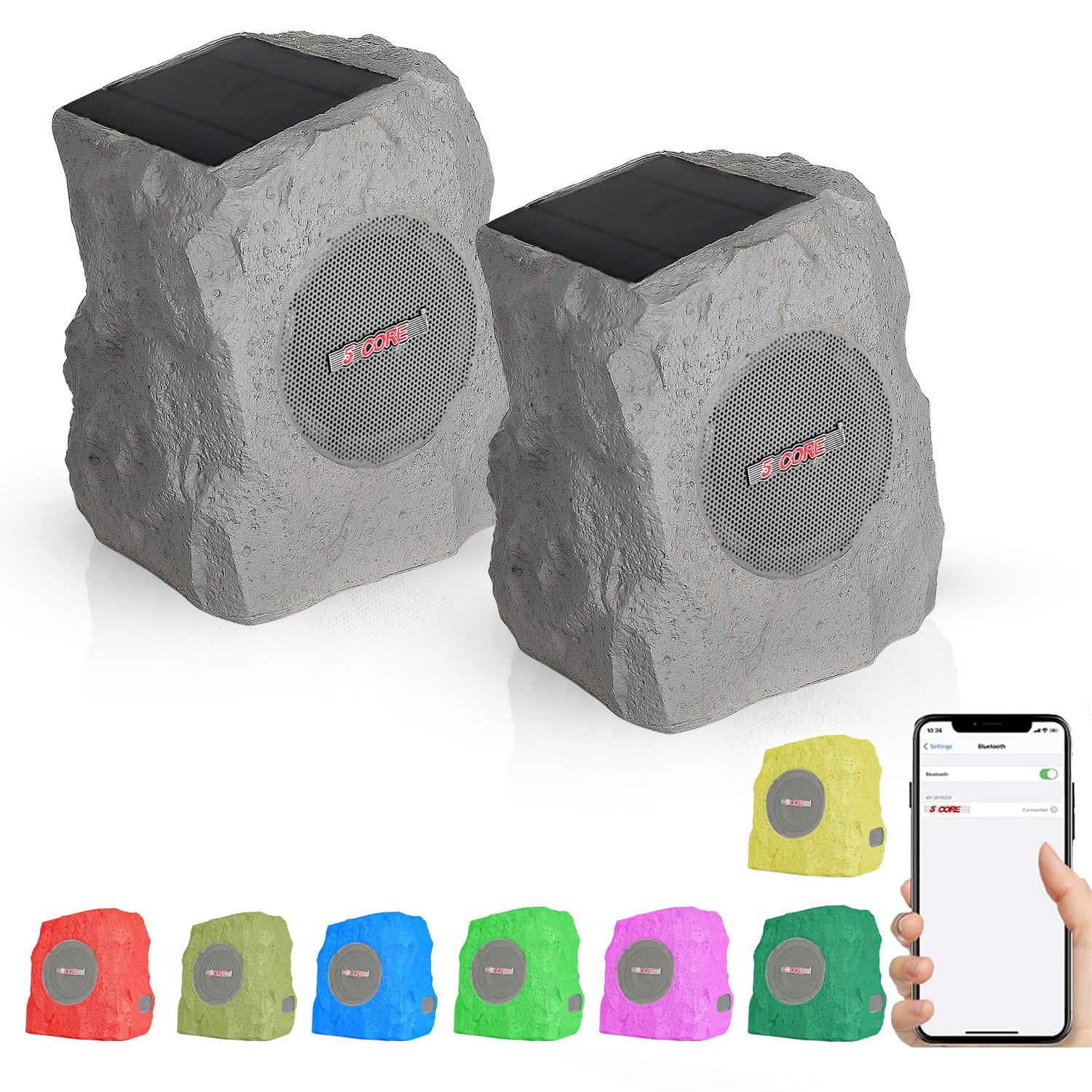 5 CORE - Rock Speaker 4Pc Outdoor Waterproof Bluetooth Garden Speakers Solar USB- GRDNSPK MC GRY 2PCS - Gray