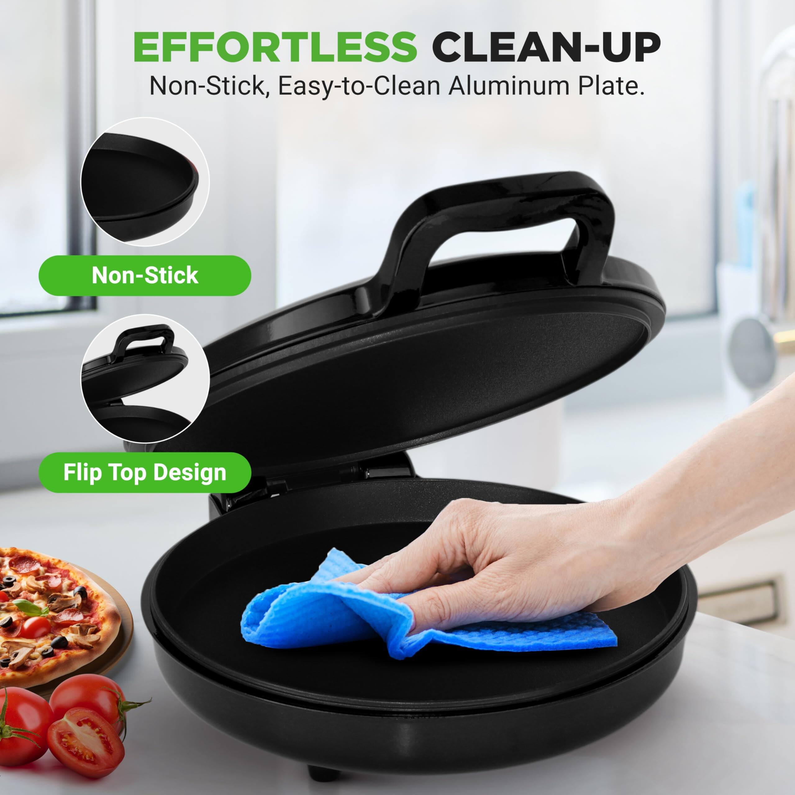 EFFORTLESS CLEAN-UP  
Non-Stick, Easy-to-Clean Aluminum Plate.  
Non-Stick  
Flip Top Design