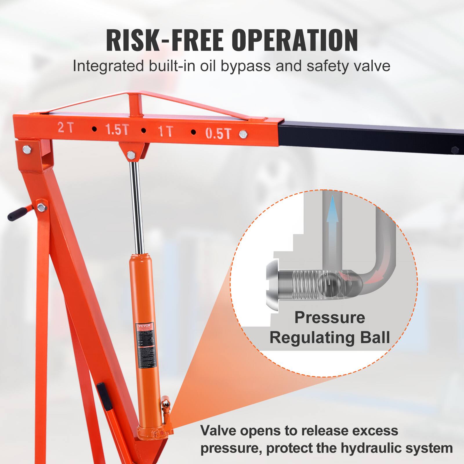 RISK-FREE OPERATION  
Integrated built-in oil bypass and safety valve  
2T 1.5T 1T 0.5T  

Pressure Regulating Ball Valve opens to release excess pressure, protect the hydraulic system