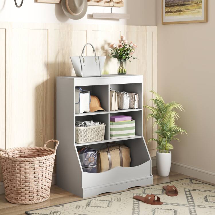Left. SlickBlue - 3-Tier Children's Bookcase with Toy Storage Bins and Floor Cabinet Organizer - Grey.