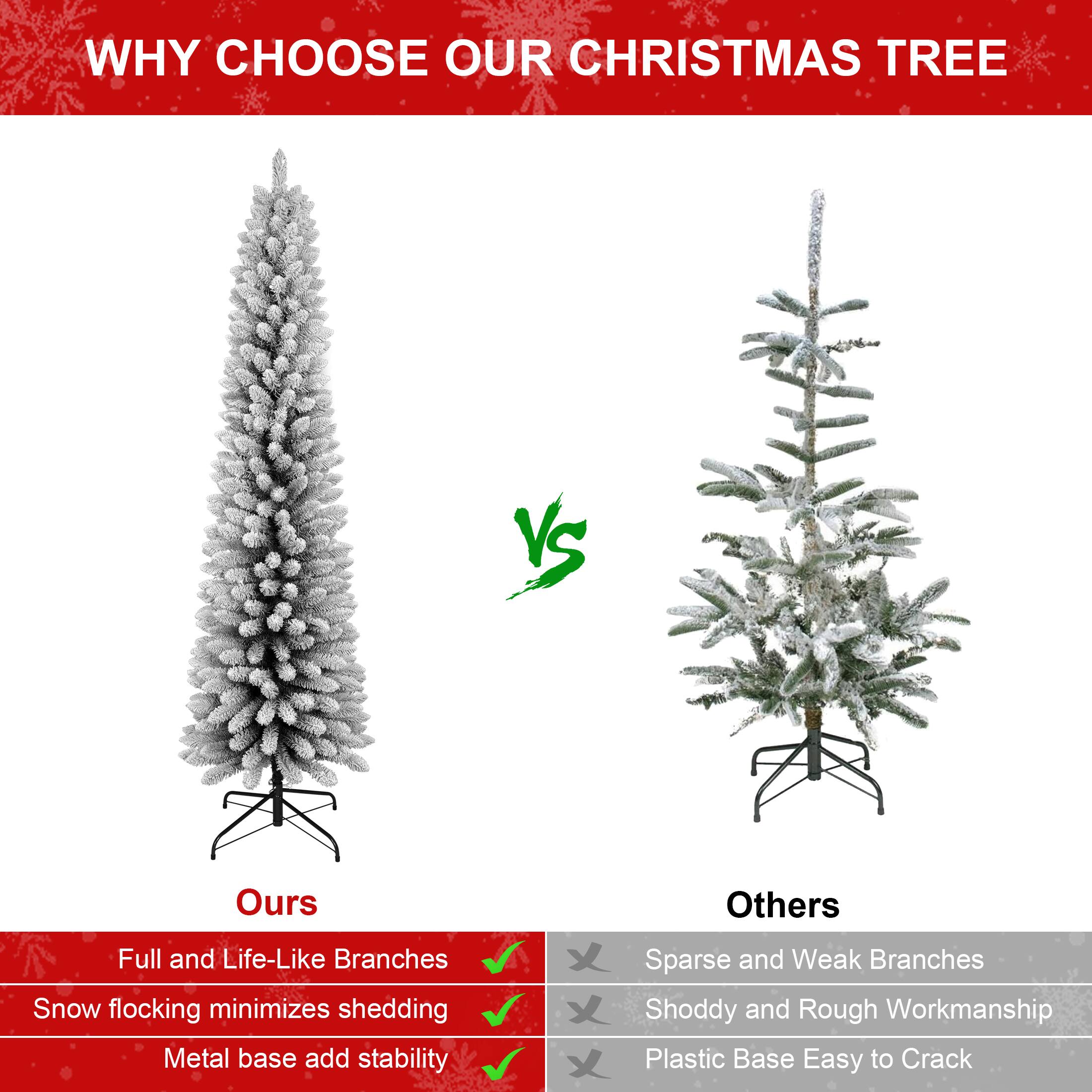 WHY CHOOSE OUR CHRISTMAS TREE

Ours

- Full and Life-Like Branches
- Snow flocking minimizes shedding
- Metal base add stability

Others

- Sparse and Weak Branches
- Shoddy and Rough Workmanship
- Plastic Base Easy to Crack