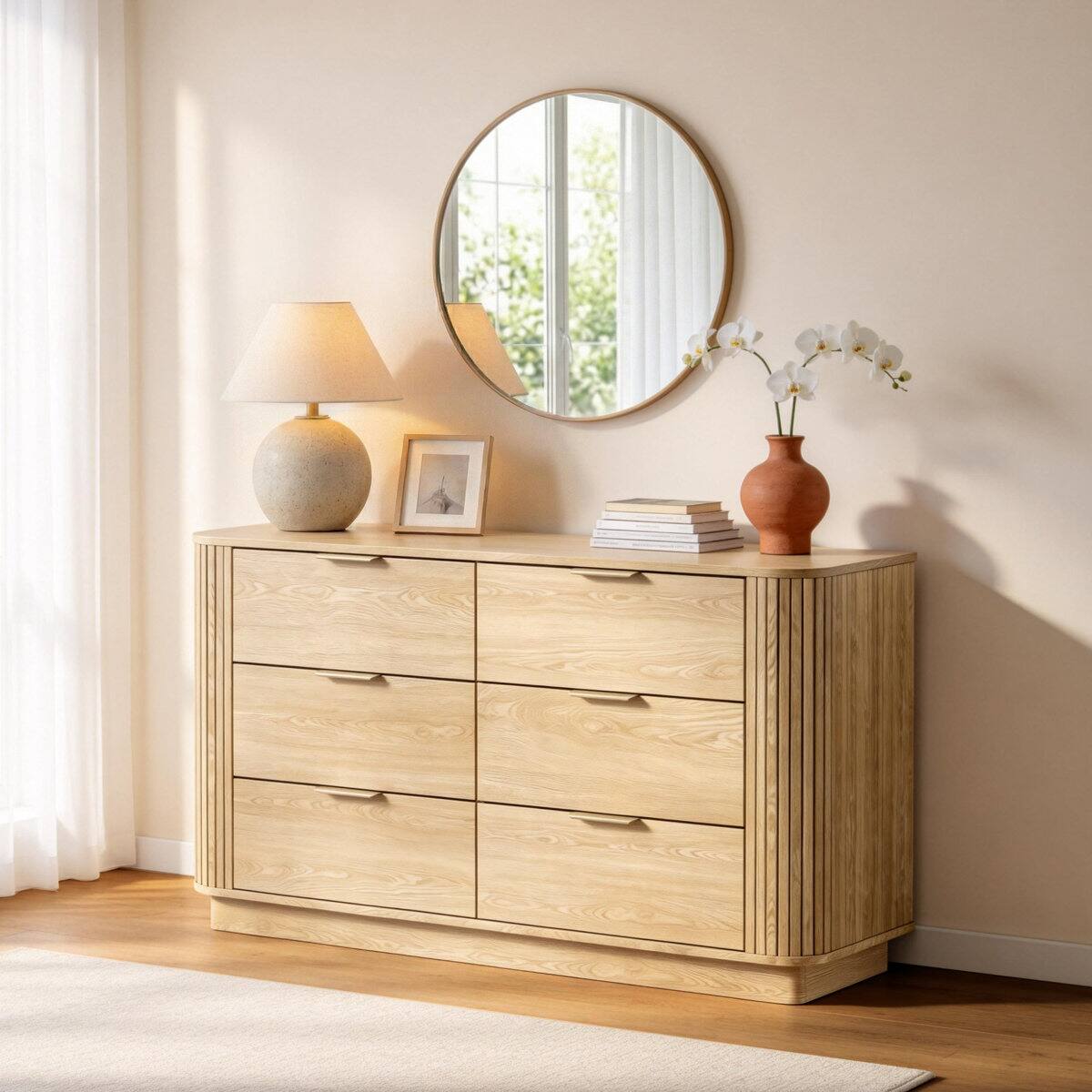 Angle. Furnulem - 6 Drawer Dresser for Bedroom Storage Organizer Cabinet with Deep Drawers for Living Room Hallway - Oak.