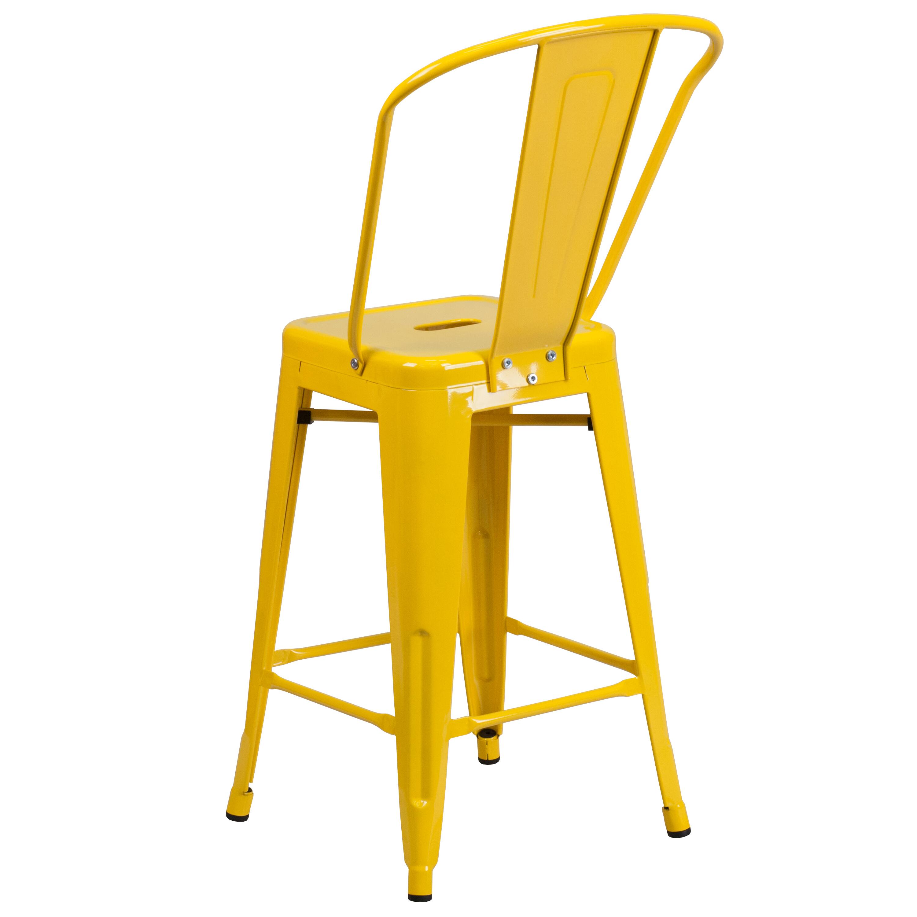 Alt View 5. Emma + Oliver - Commercial Grade 24"H Colorful Metal Indoor-Outdoor Counter Stool with Back - Yellow.