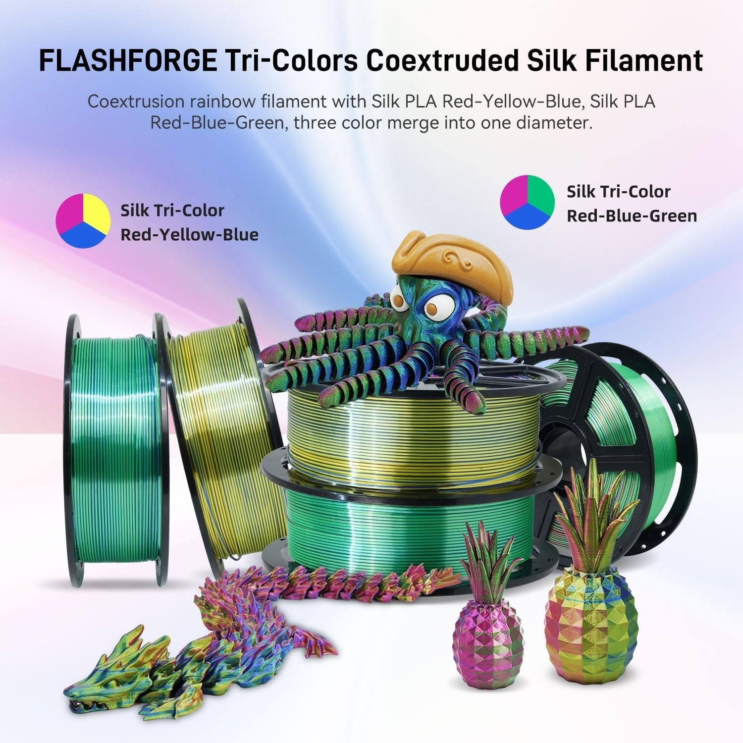 FLASHFORGE Tri-Colors Coextruded Silk Filament

Coextrusion rainbow filament with Silk PLA Red-Yellow-Blue, Silk PLA Red-Blue-Green, three color merge into one diameter.

Silk Tri-Color Red-Yellow-Blue

Silk Tri-Color Red-Blue-Green