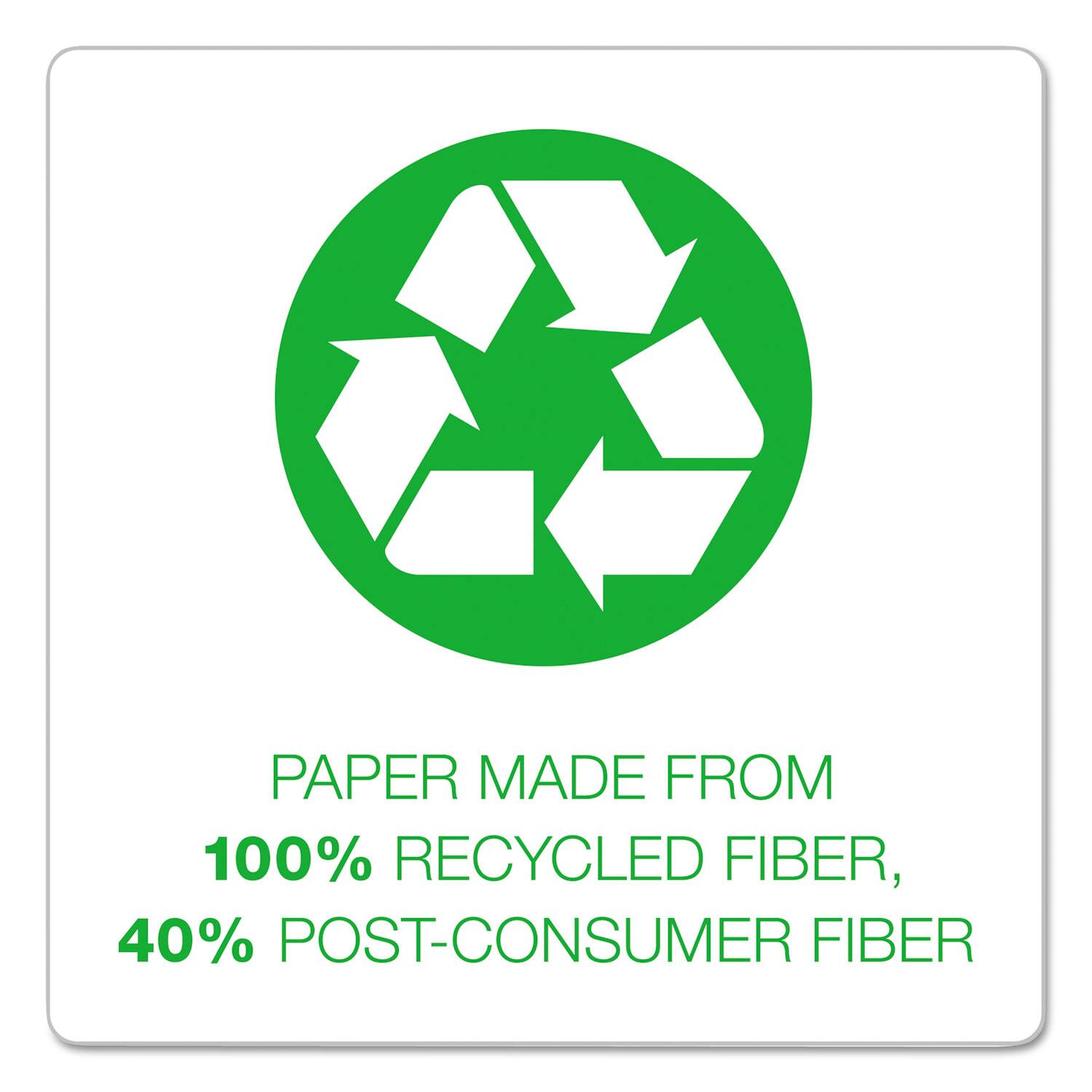 PAPER MADE FROM 100% RECYCLED FIBER, 40% POST-CONSUMER FIBER