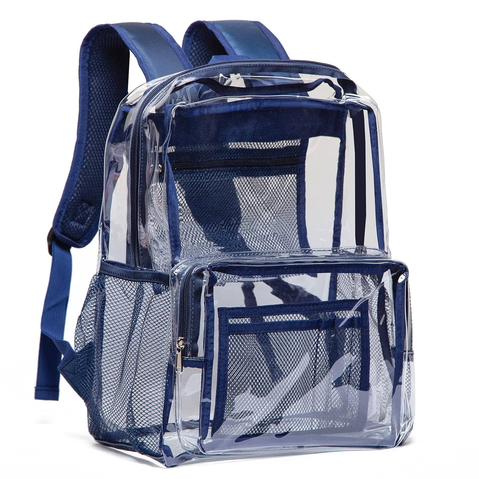 Front. Stamp n Camp - Clear Backpack - Heavy Duty Pvc Transparent See Through For College & Workplace - Navy-Large.