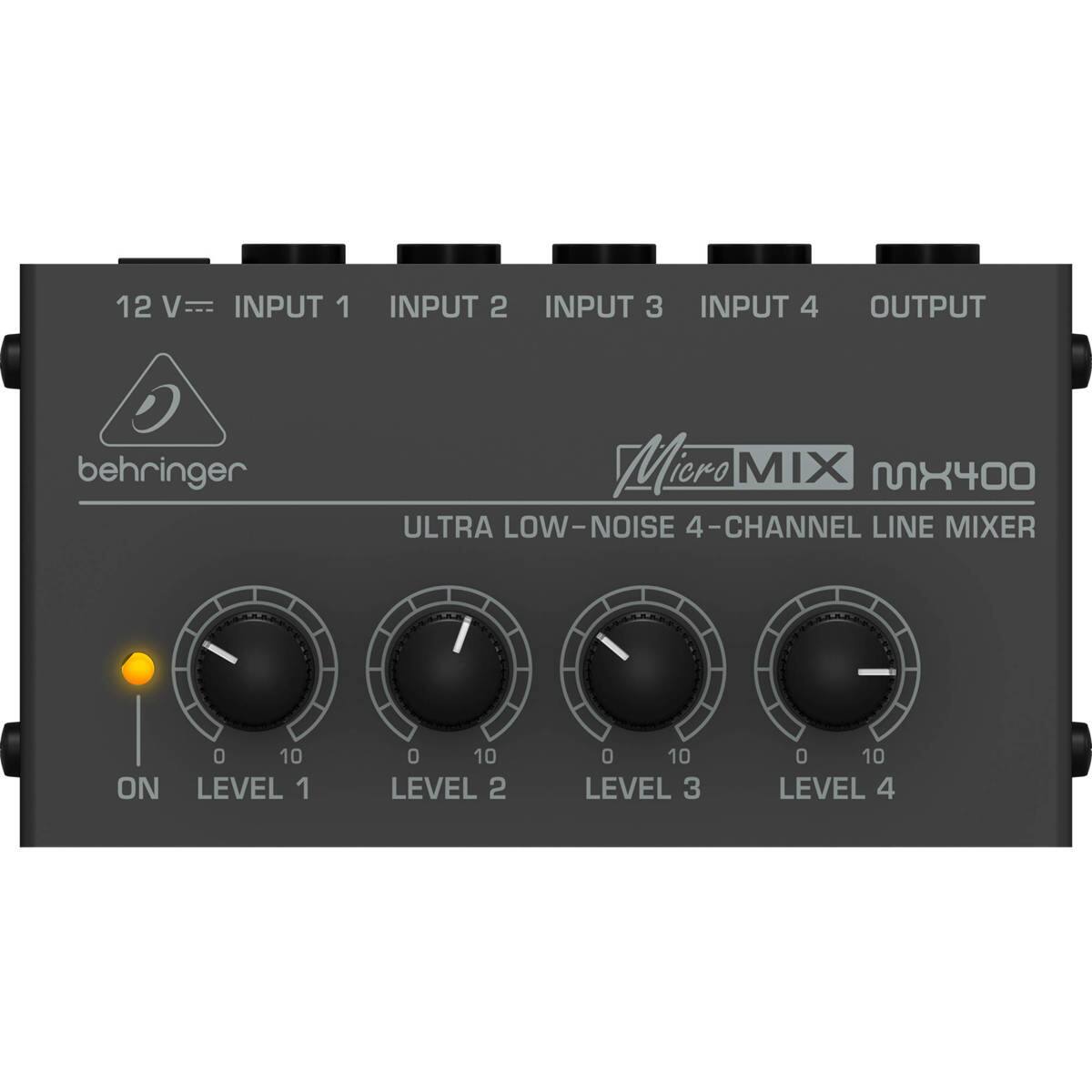 12 V= INPUT 1 INPUT 2 INPUT 3 INPUT 4 OUTPUT behringer Micro MIX MX400 ULTRA LOW-NOISE 4 4-CHANNEL LINE MIXER - 0 10 ON LEVEL 1 0 10 LEVEL 2 0 10 LEVEL 3 0 10 LEVEL 4