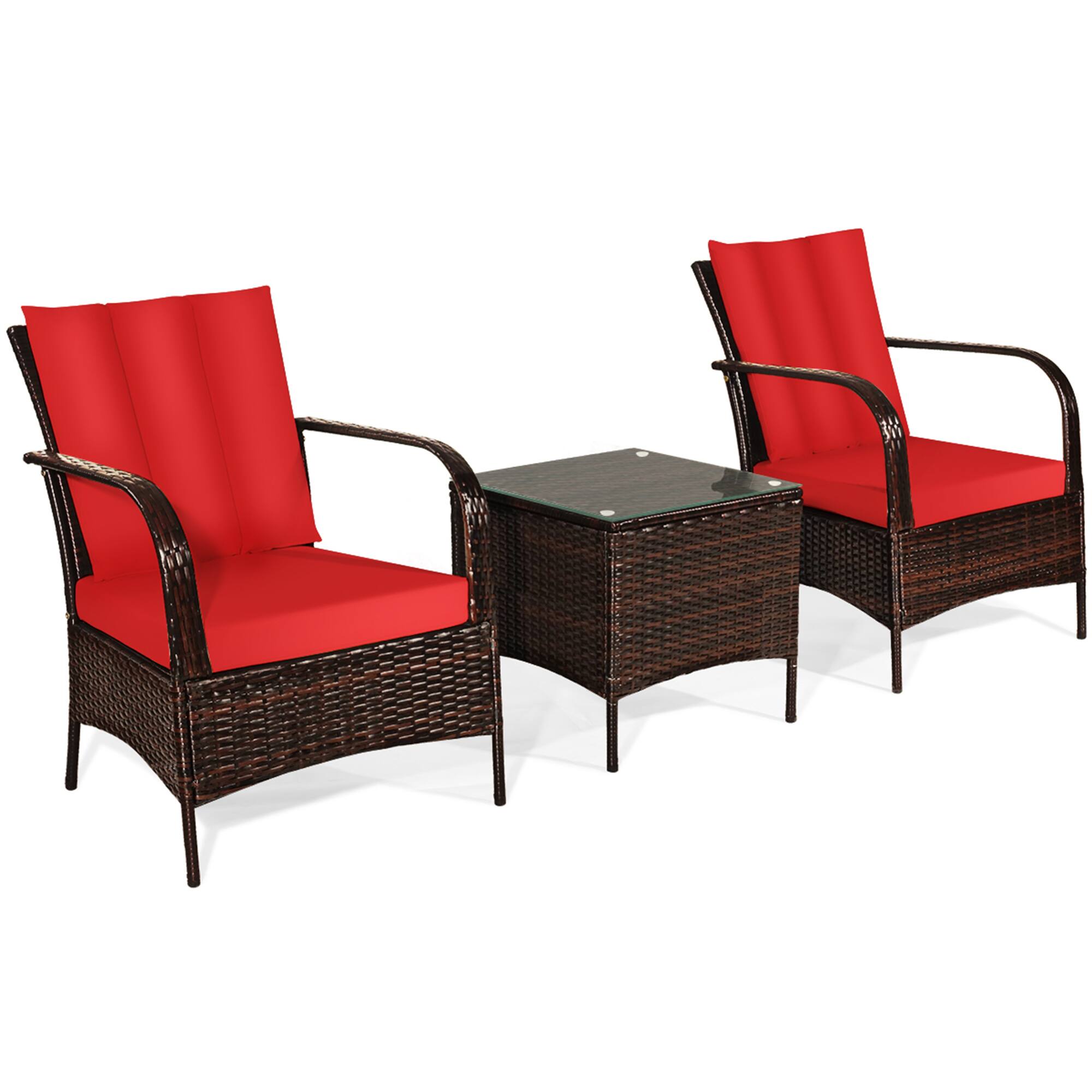 Alt View 1. Gymax - Gymax 3PCS Patio Rattan Conversation Set Outdoor Furniture Set w/Table - Red.