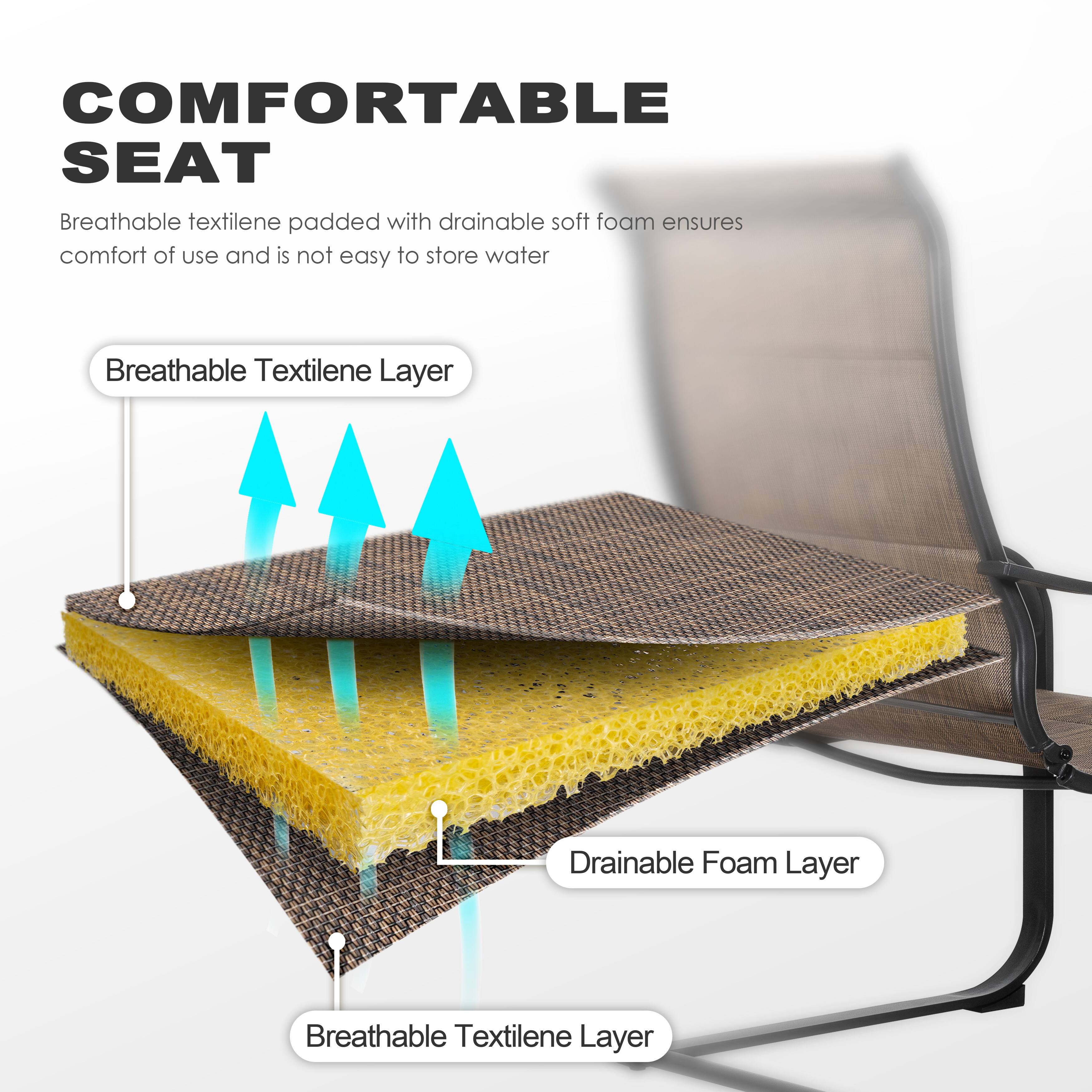 COMFORTABLE SEAT  
Breathable textilene padded with drainable soft foam ensures comfort of use and is not easy to store water

Breathable Textilene Layer  
Drainable Foam Layer  
Breathable Textilene Layer