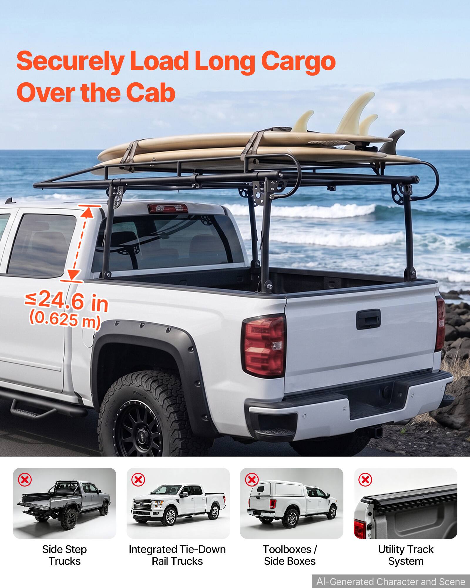 Securely Load Long Cargo Over the Cab

≤24.6 in (0.625 m)

Side Step Trucks
Integrated Tie-Down Rail Trucks
Toolboxes / Side Boxes
Utility Track System

AI-Generated Character and Scene
