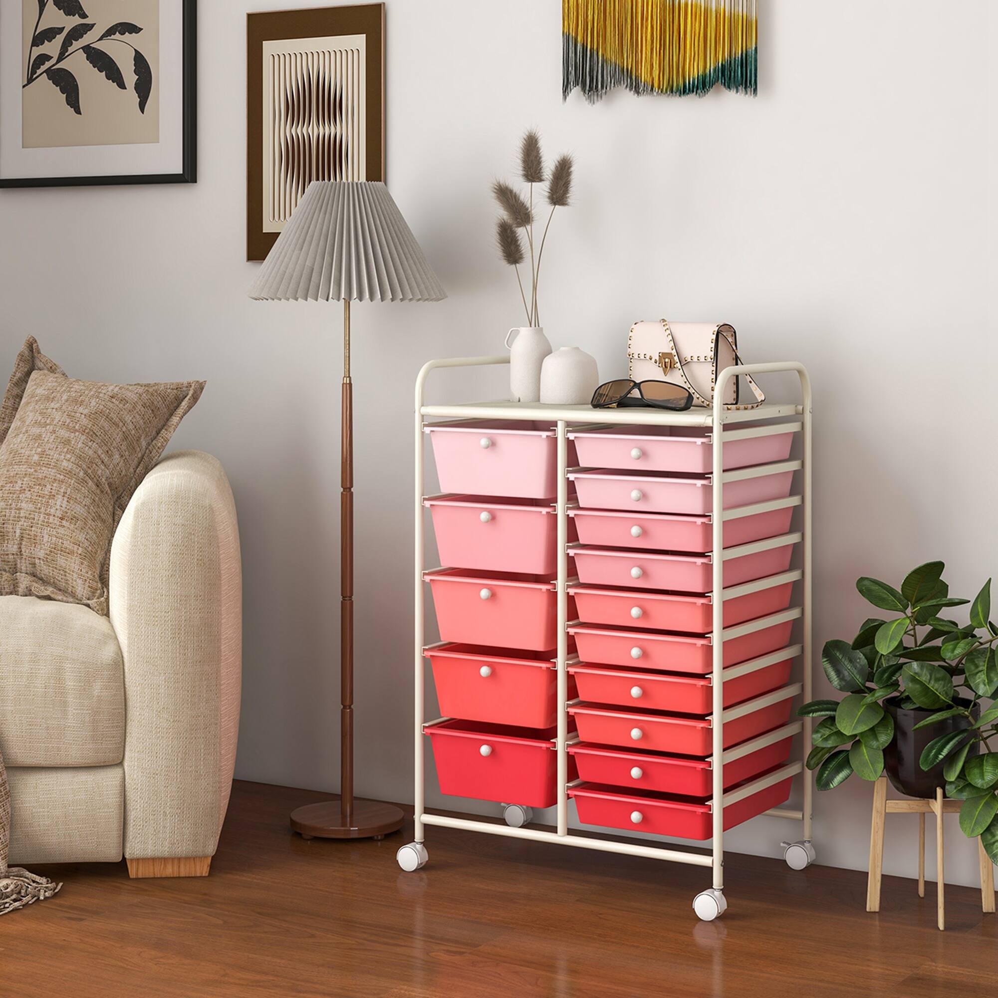 Alt View 3. Costway - 15 Drawer Rolling Storage Cart Scrapbook Paper Office School Organizer - Gradient Pink.