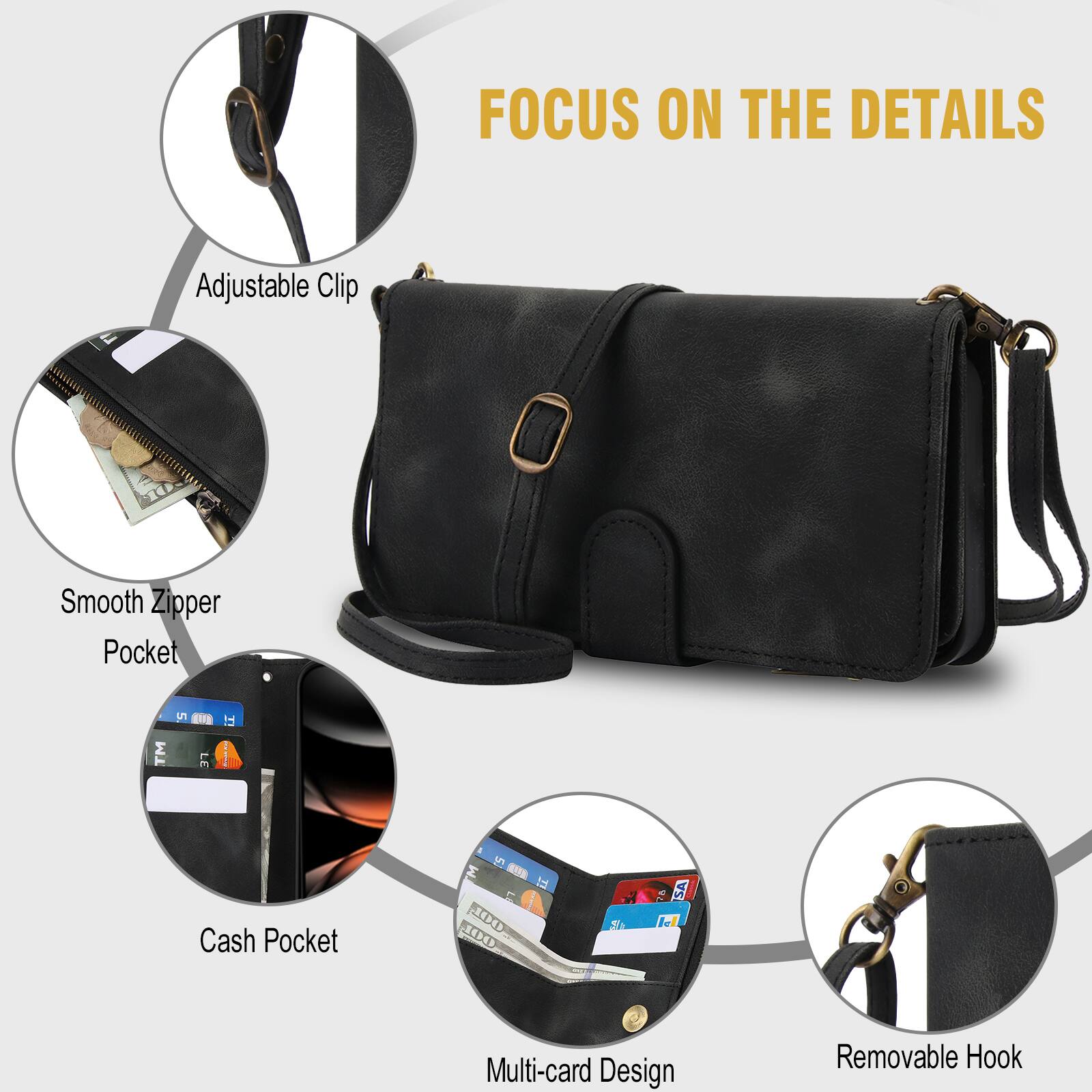 FOCUS ON THE DETAILS

Adjustable Clip
Smooth Zipper Pocket
Cash Pocket
Multi-card Design
Removable Hook