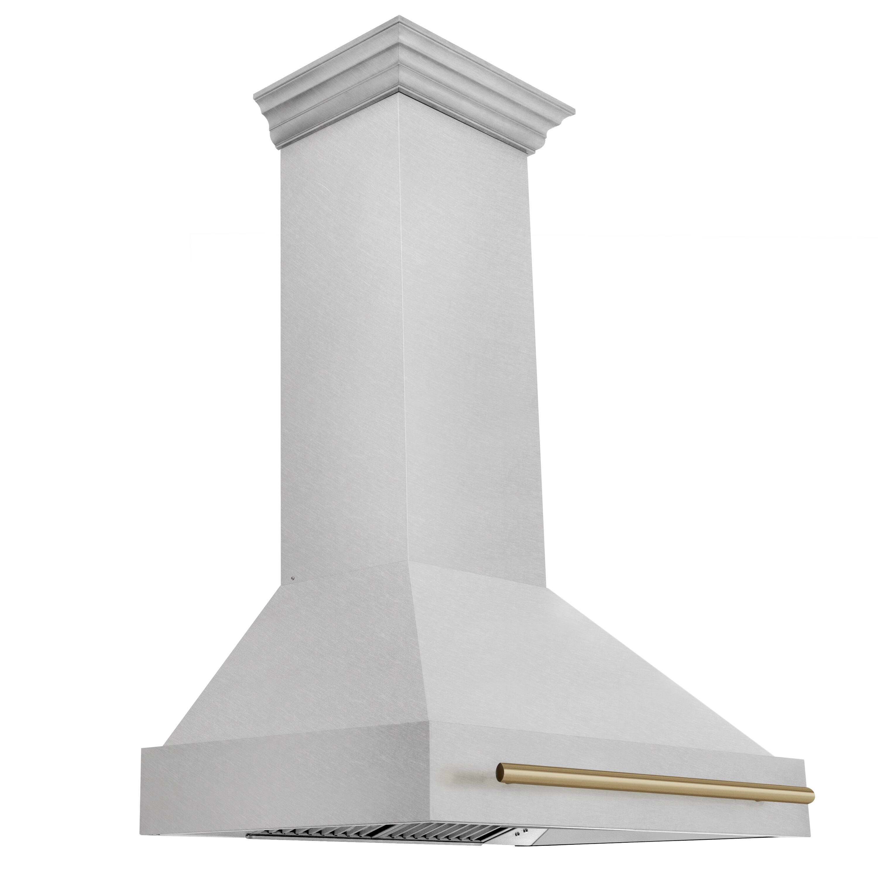 Left. ZLINE - ZLINE Autograph Edition 36 in. Satin Stainless Steel Wall Mount Range Hood with Champagne Bronze Handle (8654SNZ-36-CB) - Satin Stainless Steel.