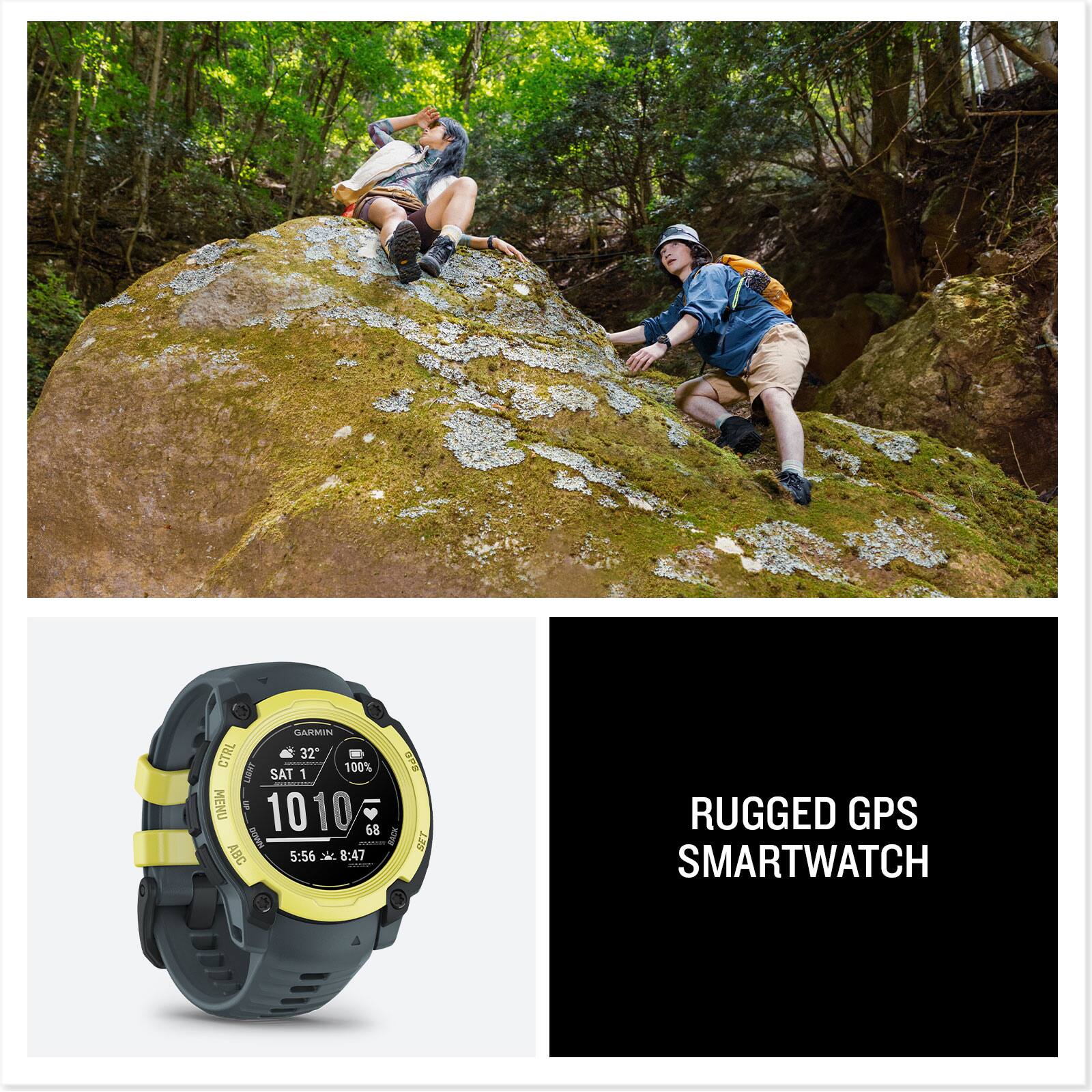 GARMIN CTRL 32 LANT 100% SAT 1 MENU 1010 68 I ABC 5:56 X 8:47 D SET RUGGED GPS SMARTWATCH