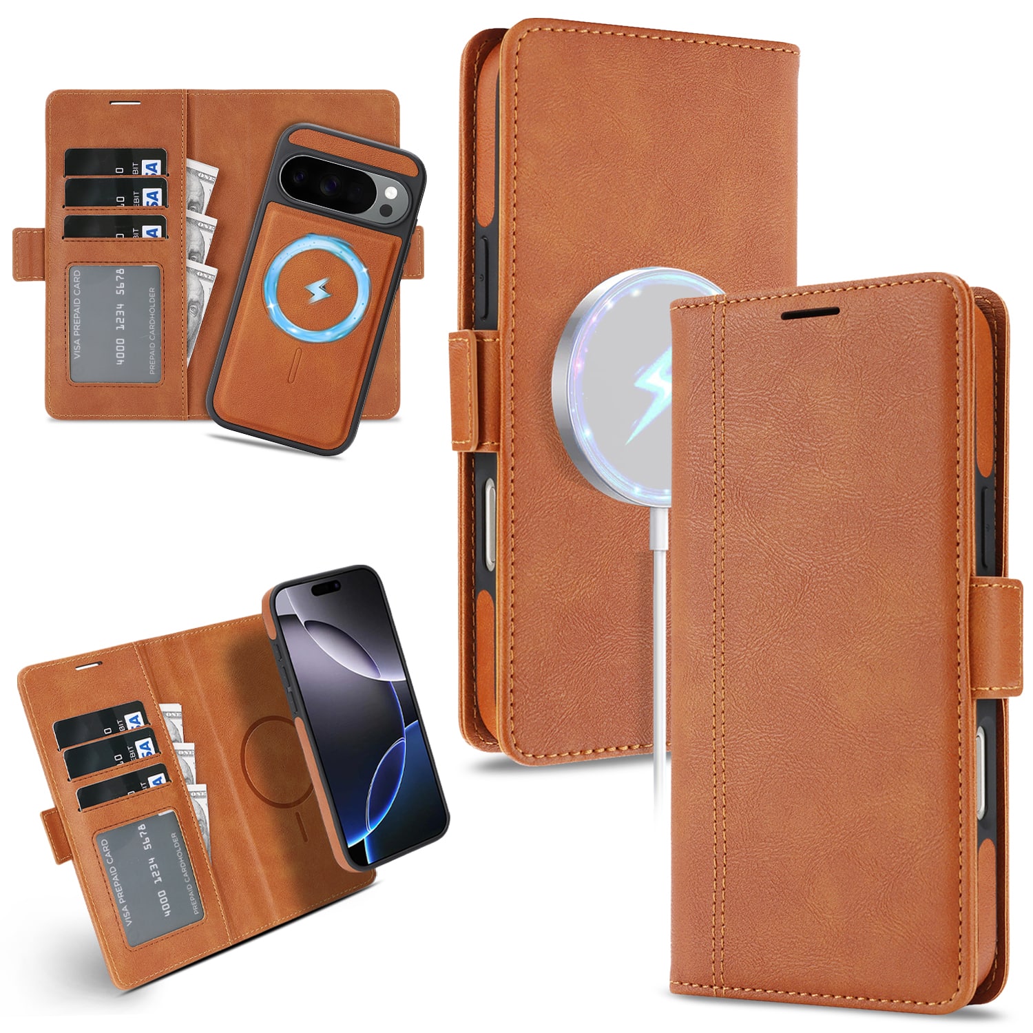 Dteck - For Google Pixel 11 Pro XL Detachable Wallet Phone Case,Compatible with Magsafe, Shockproof Soft PU Leather Flip Cover - Brown