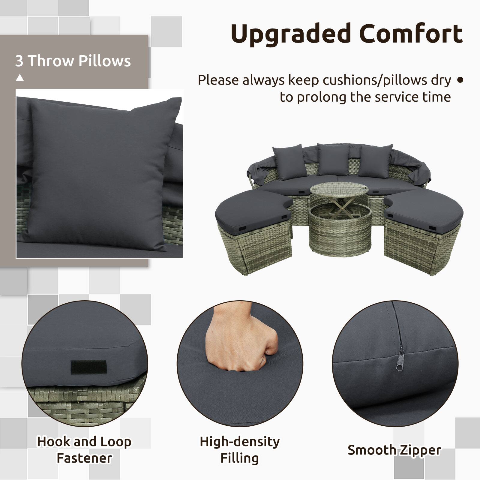 3 Throw Pillows

Upgraded Comfort

Please always keep cushions/pillows dry to prolong the service time

- Hook and Loop Fastener
- High-density Filling
- Smooth Zipper