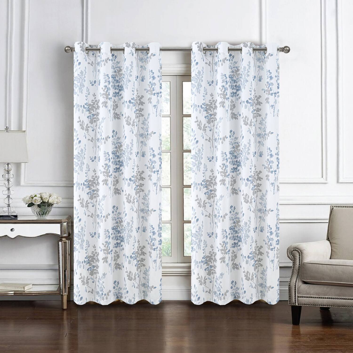 Angle. Olivia Gray - Olivia Gray 100% Polyester 140 GSM Aiden Printed Textured Grommet Curtain Panel 54" x 90" Blue - Blue.
