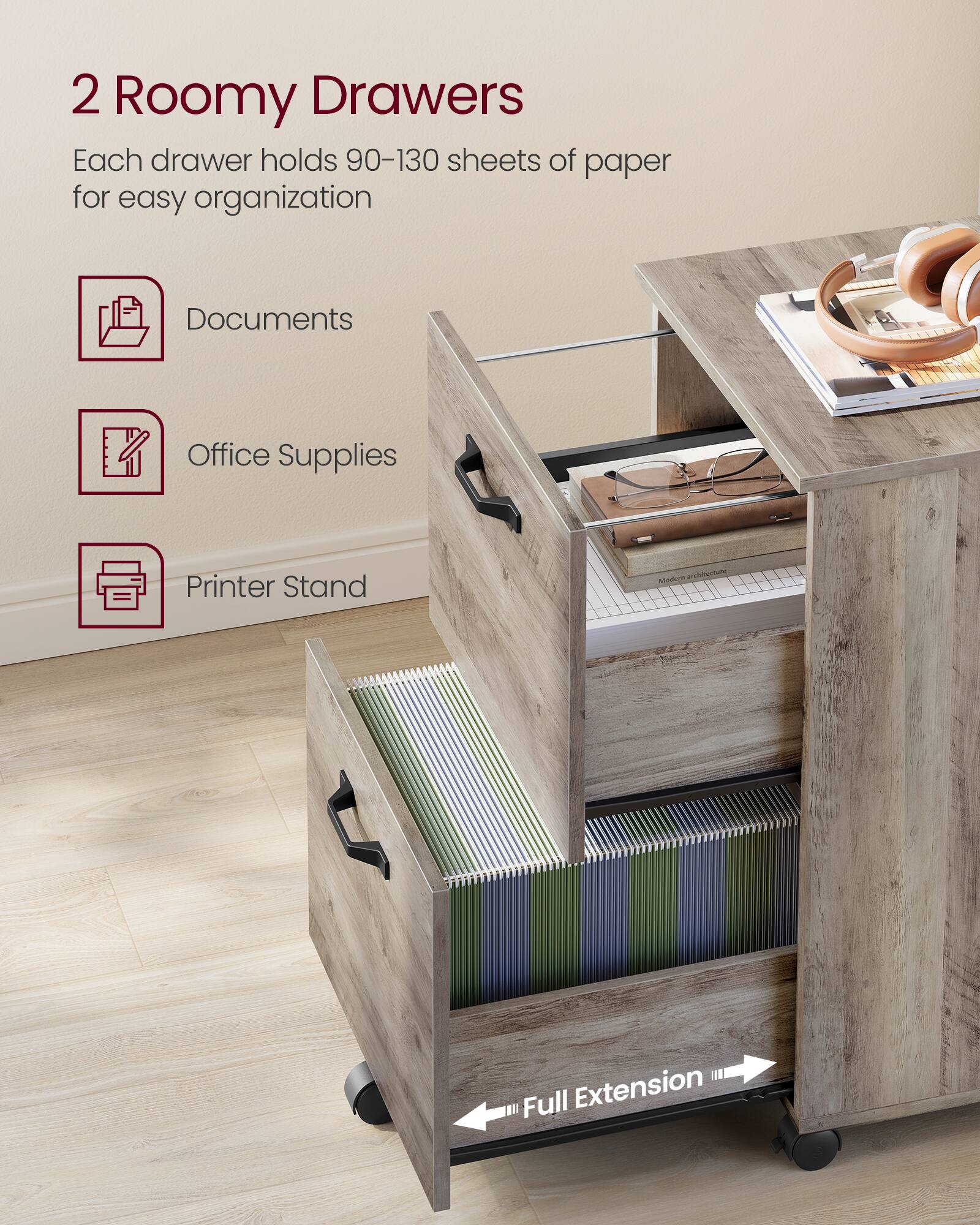 2 Roomy Drawers  
Each drawer holds 90-130 sheets of paper for easy organization  

- Documents  
- Office Supplies  
- Printer Stand  

Full Extension