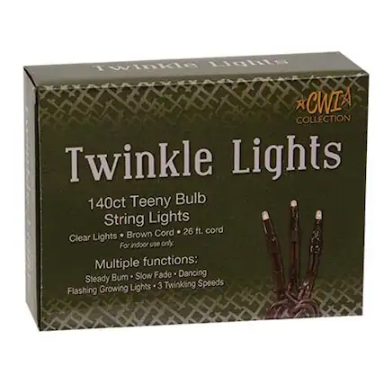 Twinkle Lights
CWIA COLLECTION
140ct Teeny Bulb String Lights
Clear Lights • Brown Cord • 26 ft. cord
For indoor use only
Multiple functions:
Steady Bum • Slow Fade • Dancing
Flashing Growing Lights • 3 Twinkling Speeds