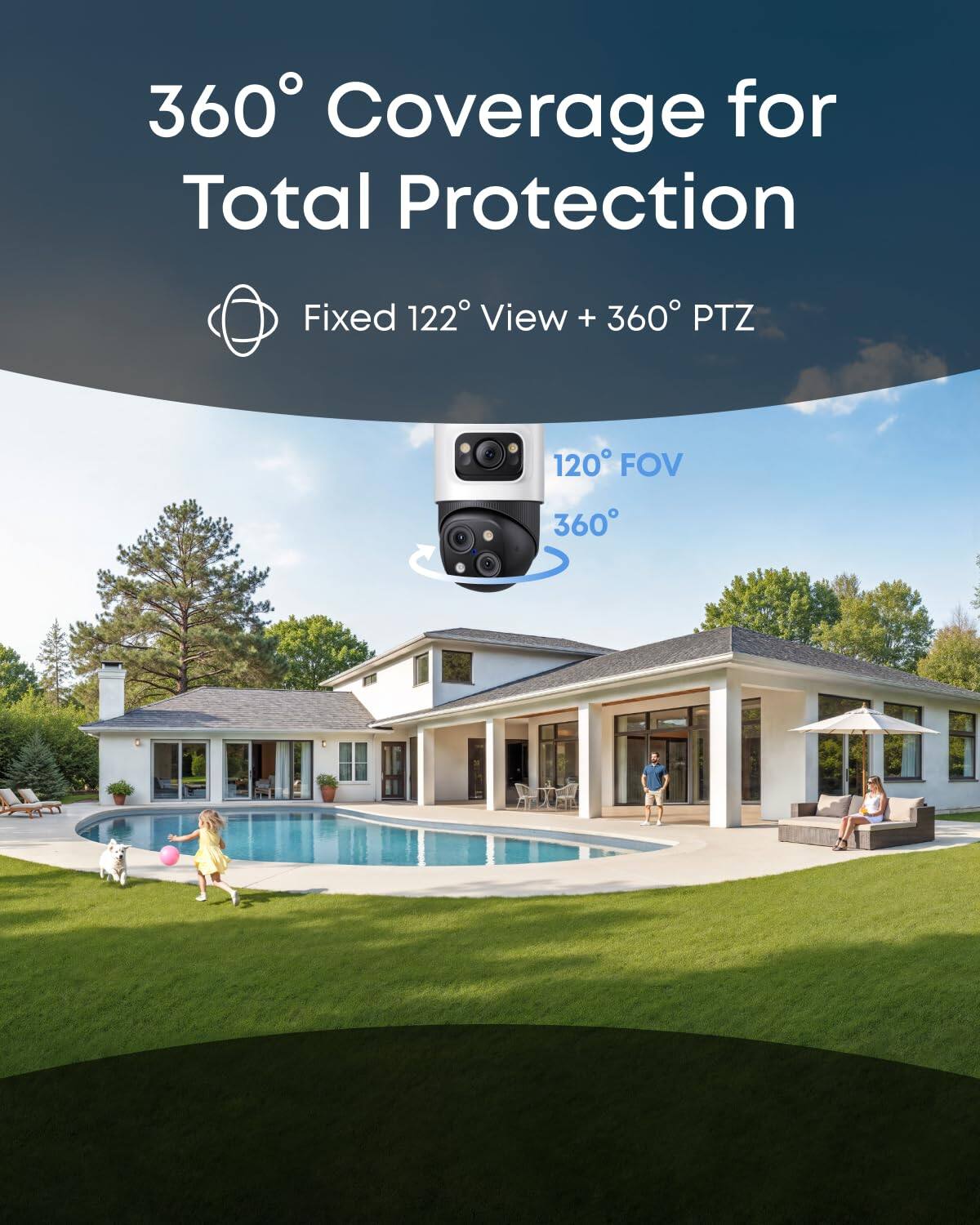 360° Coverage for Total Protection  
Fixed 122° View + 360° PTZ  
120° FOV  
360°