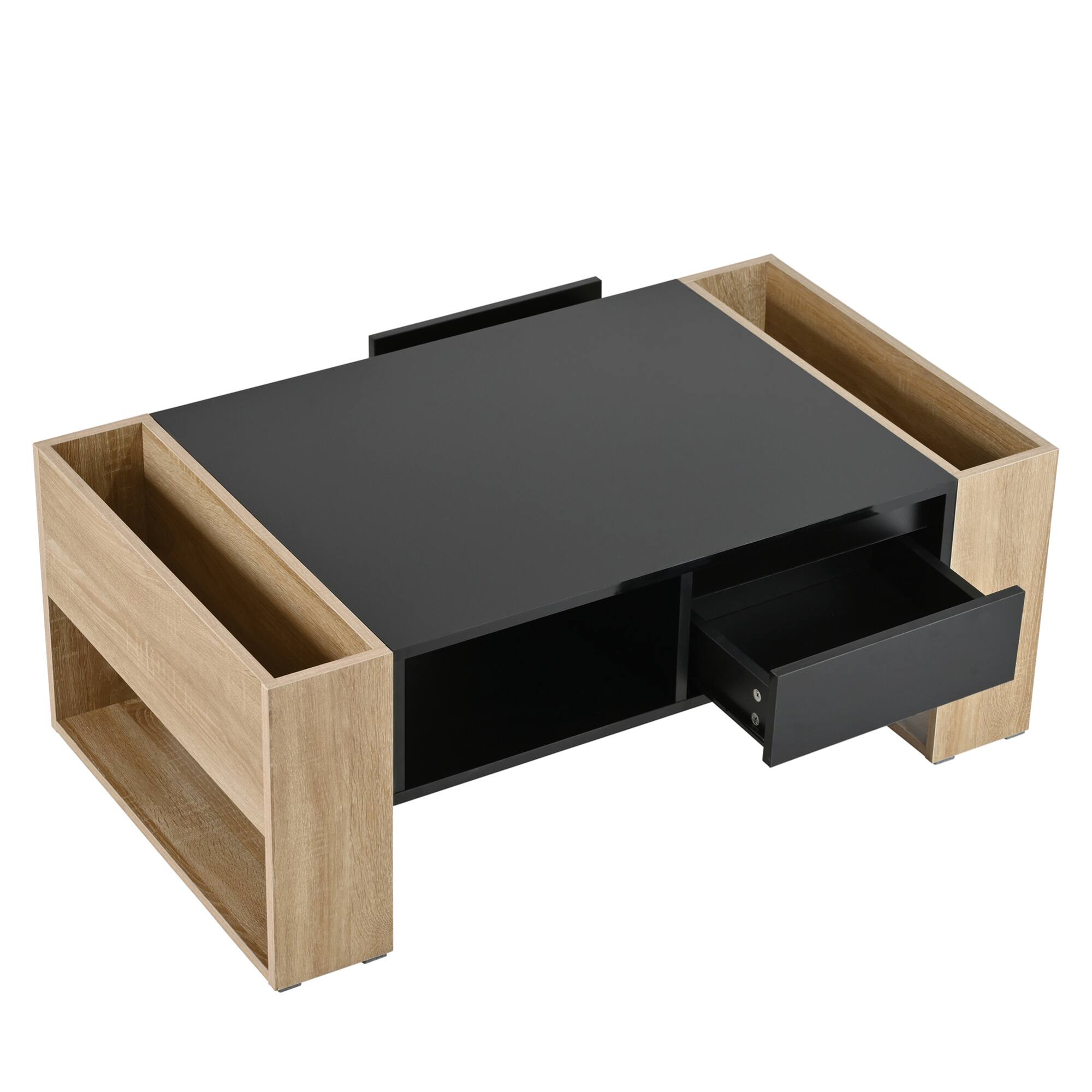 Alt View 7. GOODSILO - Stylish High Gloss Coffee Table with Hidden Storage Drawers and Open Shelf for Living Room or Bedroom - Black+Natural.