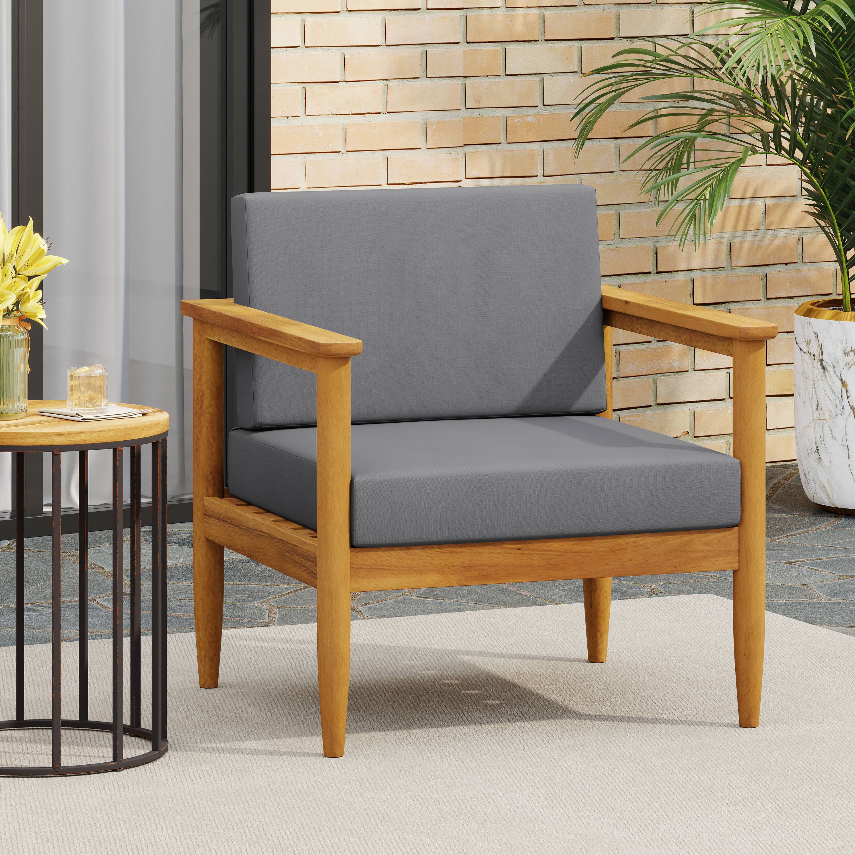 Left. Mondawe - Outdoor Acacia Wood Seating Chairs with Water-Resistant Cushions - Dark Grey.