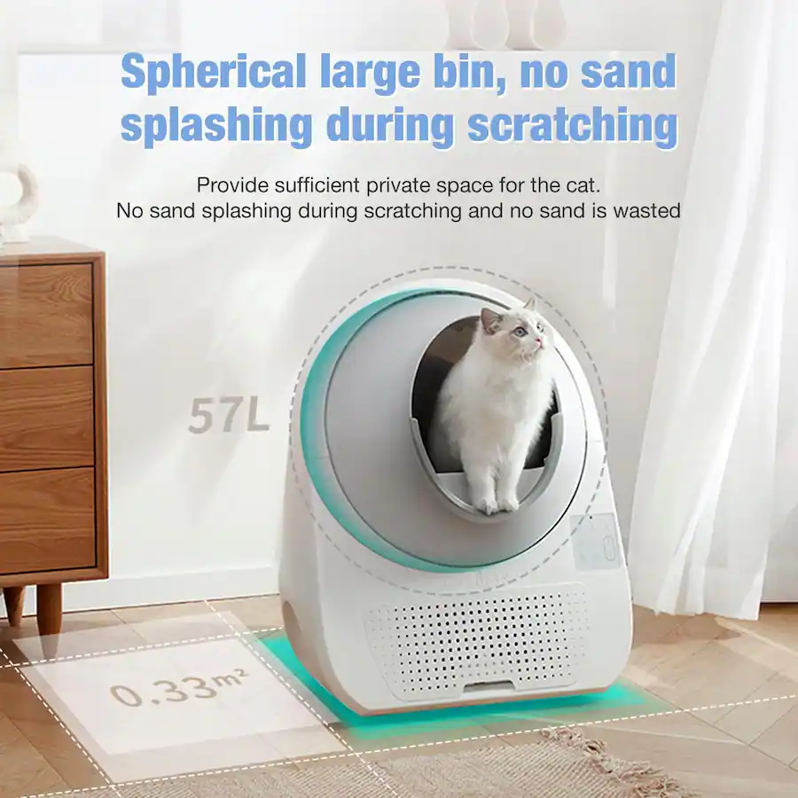 Spherical large bin, no sand splashing during scratching. Provide sufficient private space for the cat. No sand splashing during scratching and no sand is wasted. 57L. 0.33m².