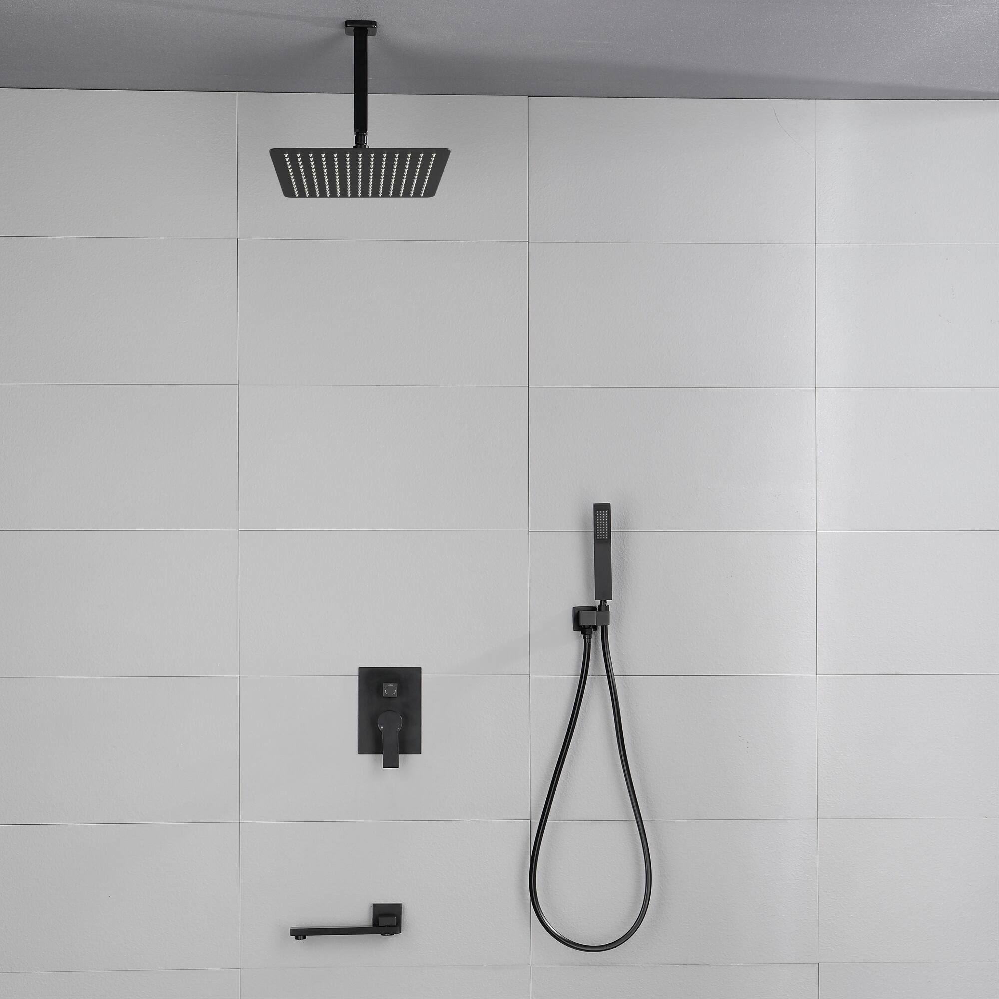 Alt View 1. Boyel Living - Matte Black 12-Inch Rain Shower System Brass SUS304 3-Function Valve Handheld 180° Spout cUPC - Black.