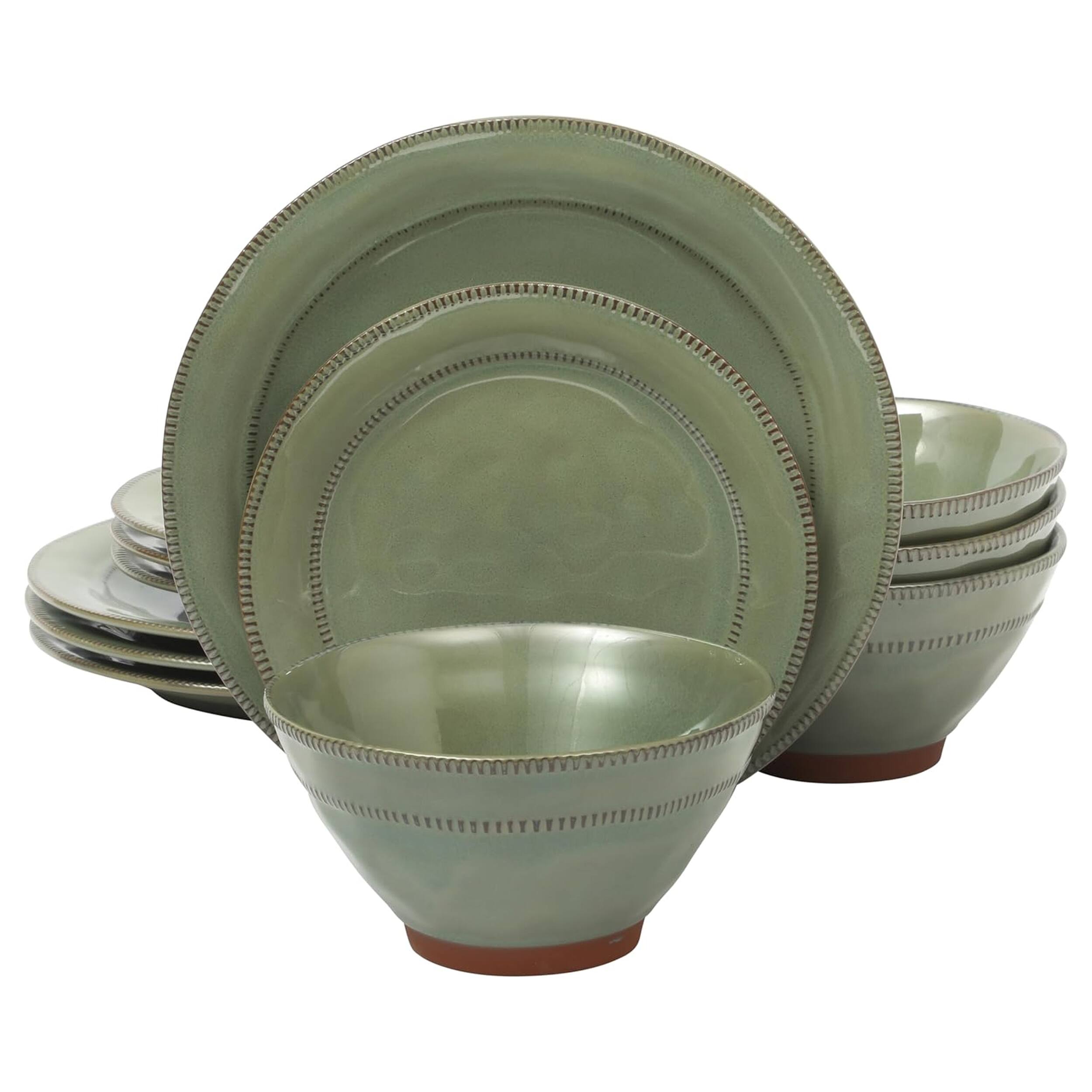 Front. Gibson - Gibson Elite Terranea 12 Piece Round Terracotta Dinnerware Set in Green - Green.