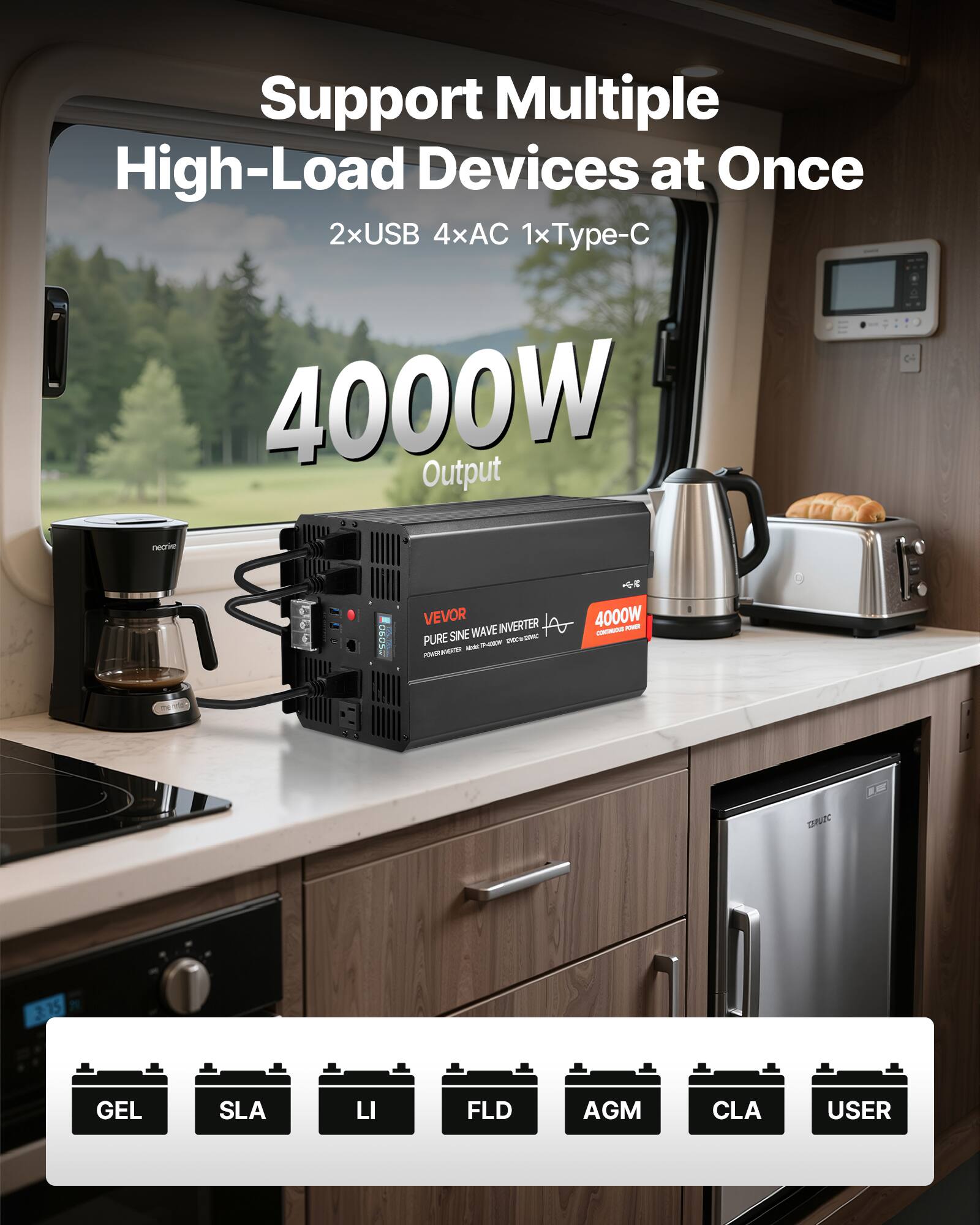 Support Multiple High-Load Devices at Once  
2xUSB 4xAC 1xType-C  
4000W Output  

VEVOR INVERTER to 4000W WAVE comment POWER PURE SINE 20,000 BMC HERE 5-43339 POWERNISTER  

GEL  
SLA  
LI  
FLD  
AGM  
CLA  
USER