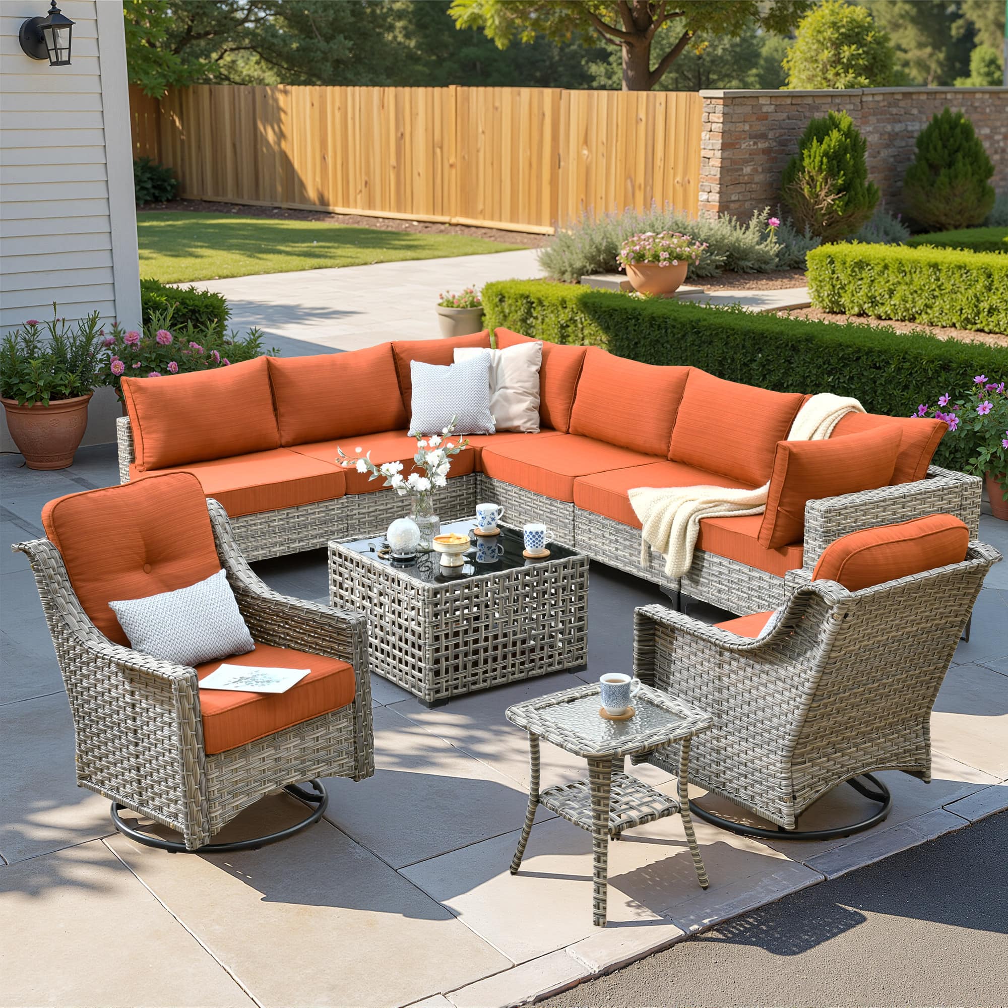 Ovios - 10 PCS Patio Furniture, Sectional Modular Sofa with Swivel Chairs & Coffee Table for Backyard - Orange Red