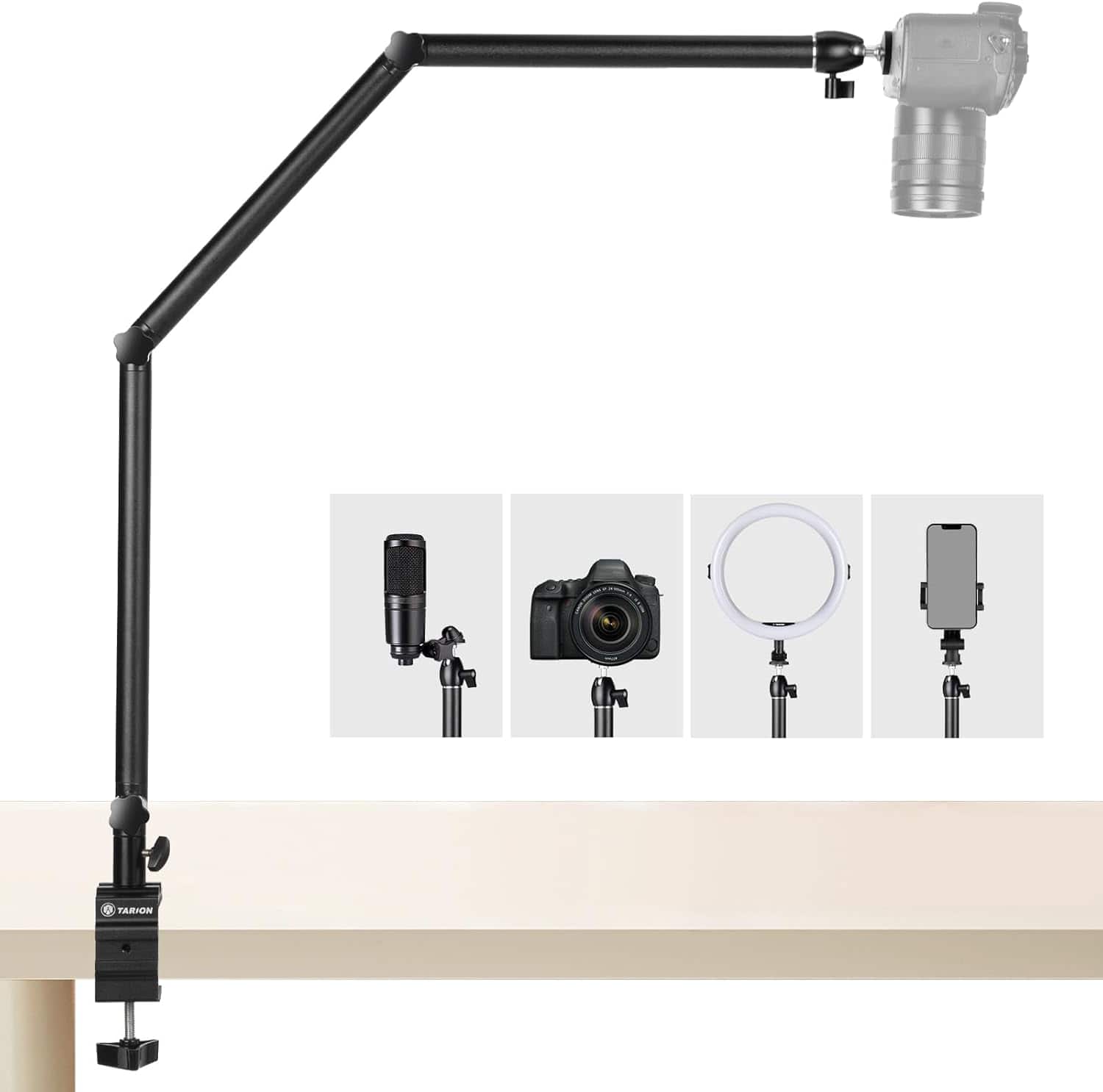 Front. TARION - TARION Camera Desk Mount Stand TKB01 – Heavy Duty Adjustable Arm for Overhead Photography and Streaming.