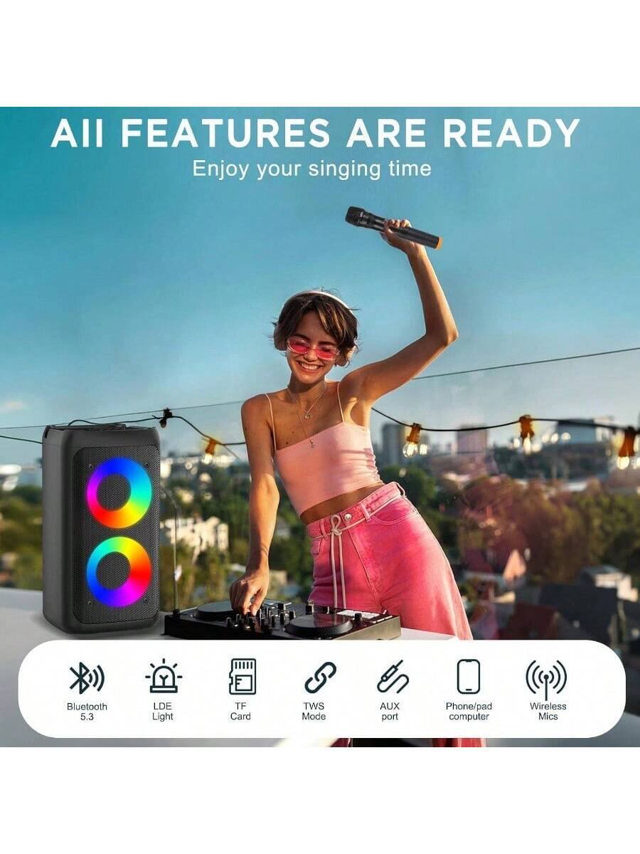 All features are ready. Enjoy your singing time.

- Bluetooth 5.3
- LED Light
- TF Card
- TWS Mode
- AUX port
- Phone/pad computer
- Wireless Mics