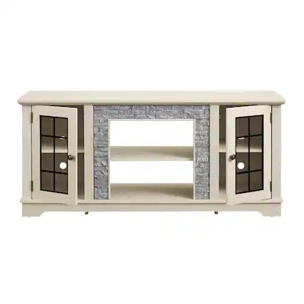 Front. GOODSILO - Modern Grey Entertainment TV Stand Console with Faux Stone Front and Adjustable Shelves Storage Cabinet - White.