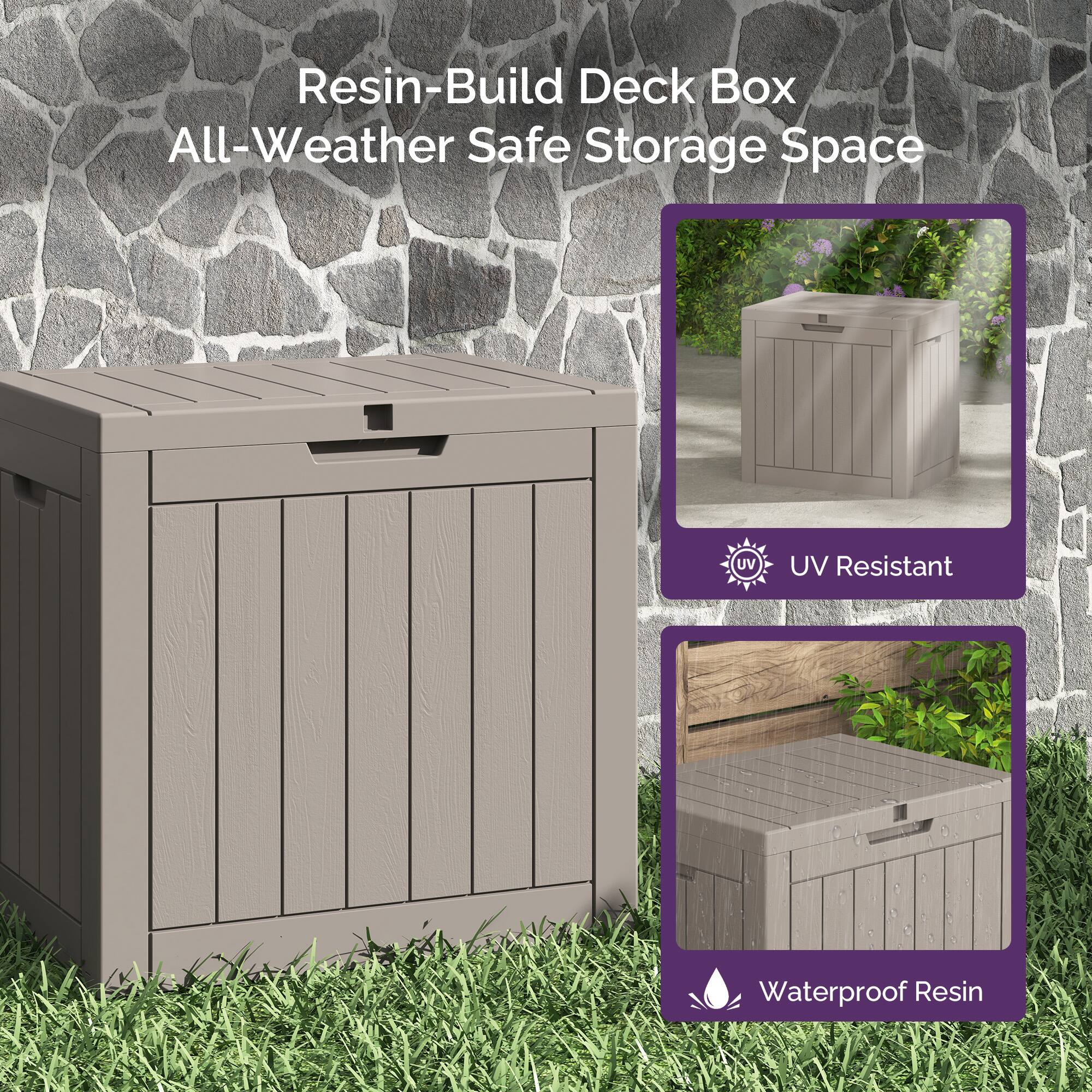 Resin-Build Deck Box  
All-Weather Safe Storage Space  

UV Resistant  
Waterproof Resin