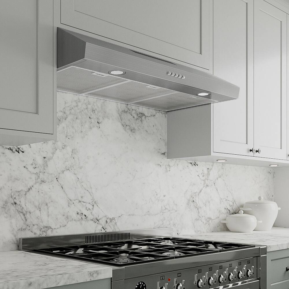 Back. Streamline - 36 in. Poncarale Ducted Undermount 165 CFM Range Hood, Mesh Filters, Push Button Control, LED Lights - Brushed Stainless Steel.