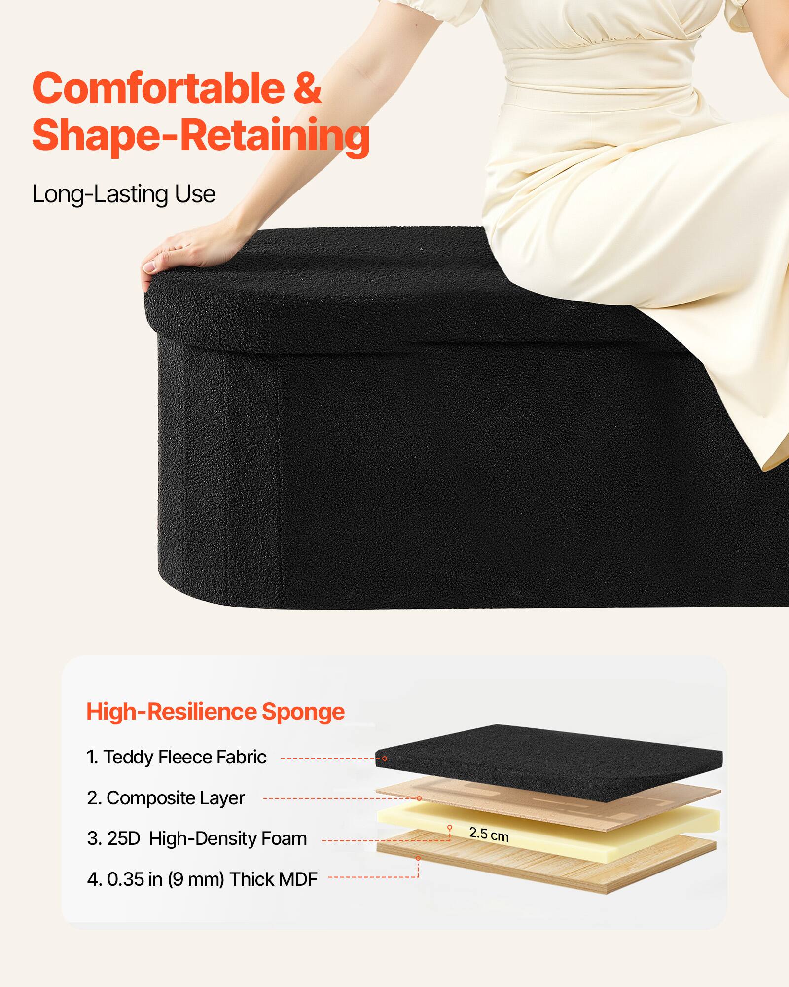 Comfortable & Shape-Retaining  
Long-Lasting Use  

High-Resilience Sponge  
1. Teddy Fleece Fabric  
2. Composite Layer  
3. 25D High-Density Foam  
4. 0.35 in (9 mm) Thick MDF