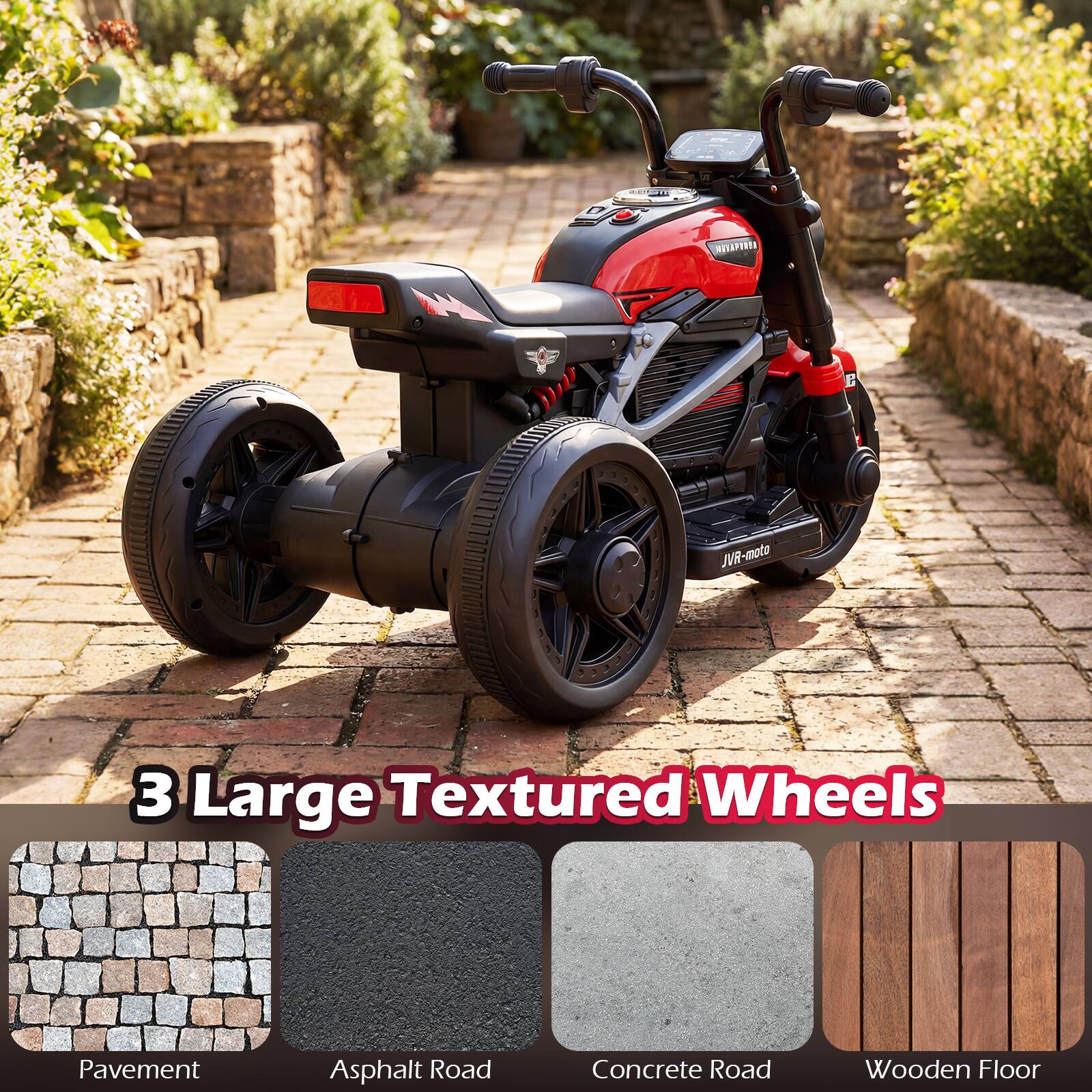 3 Large Textured Wheels

Pavement  
Asphalt Road  
Concrete Road  
Wooden Floor