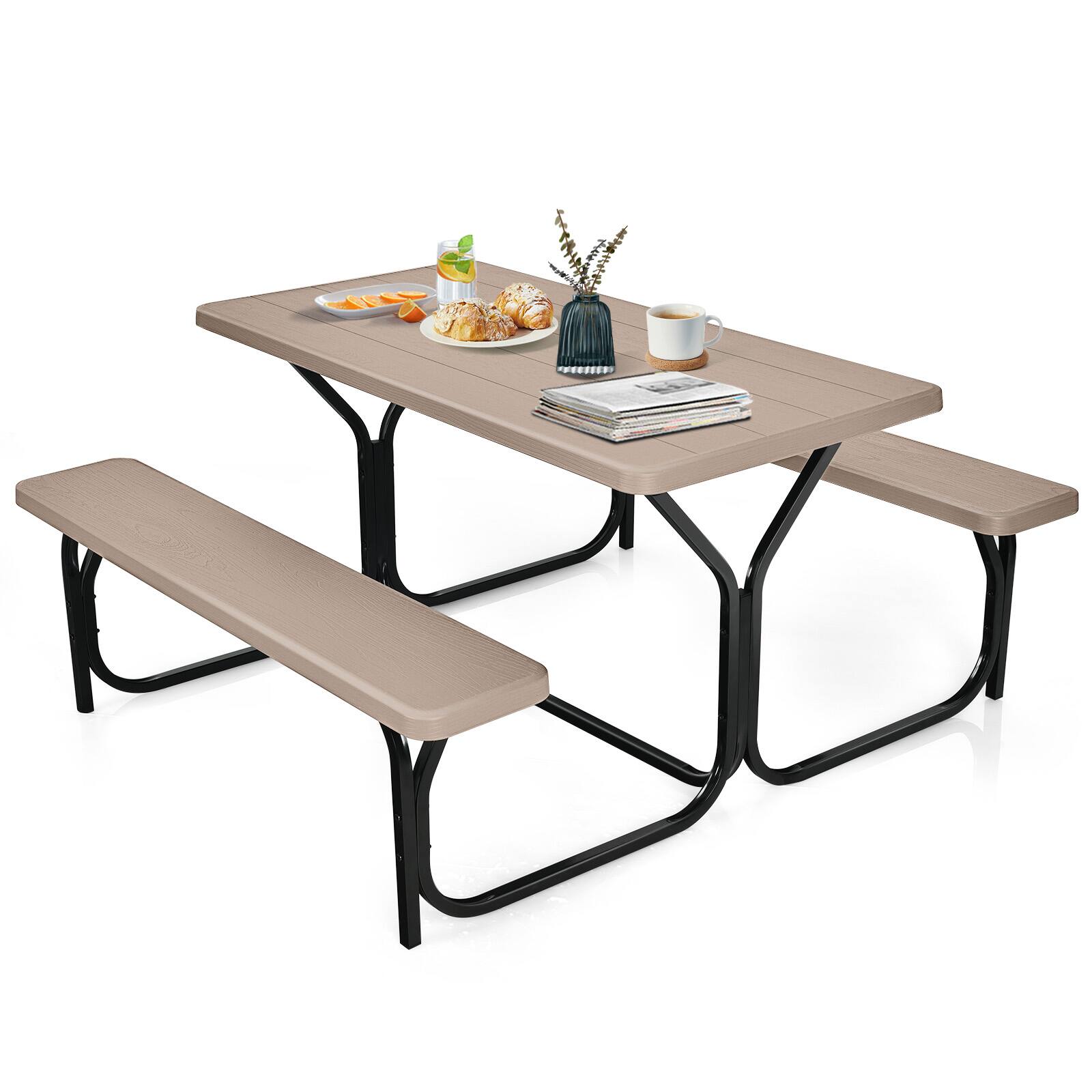 Back. SlickBlue - Outdoor Picnic Table Set HDPE with Metal Frame, Bench Seating Included - Coffee.